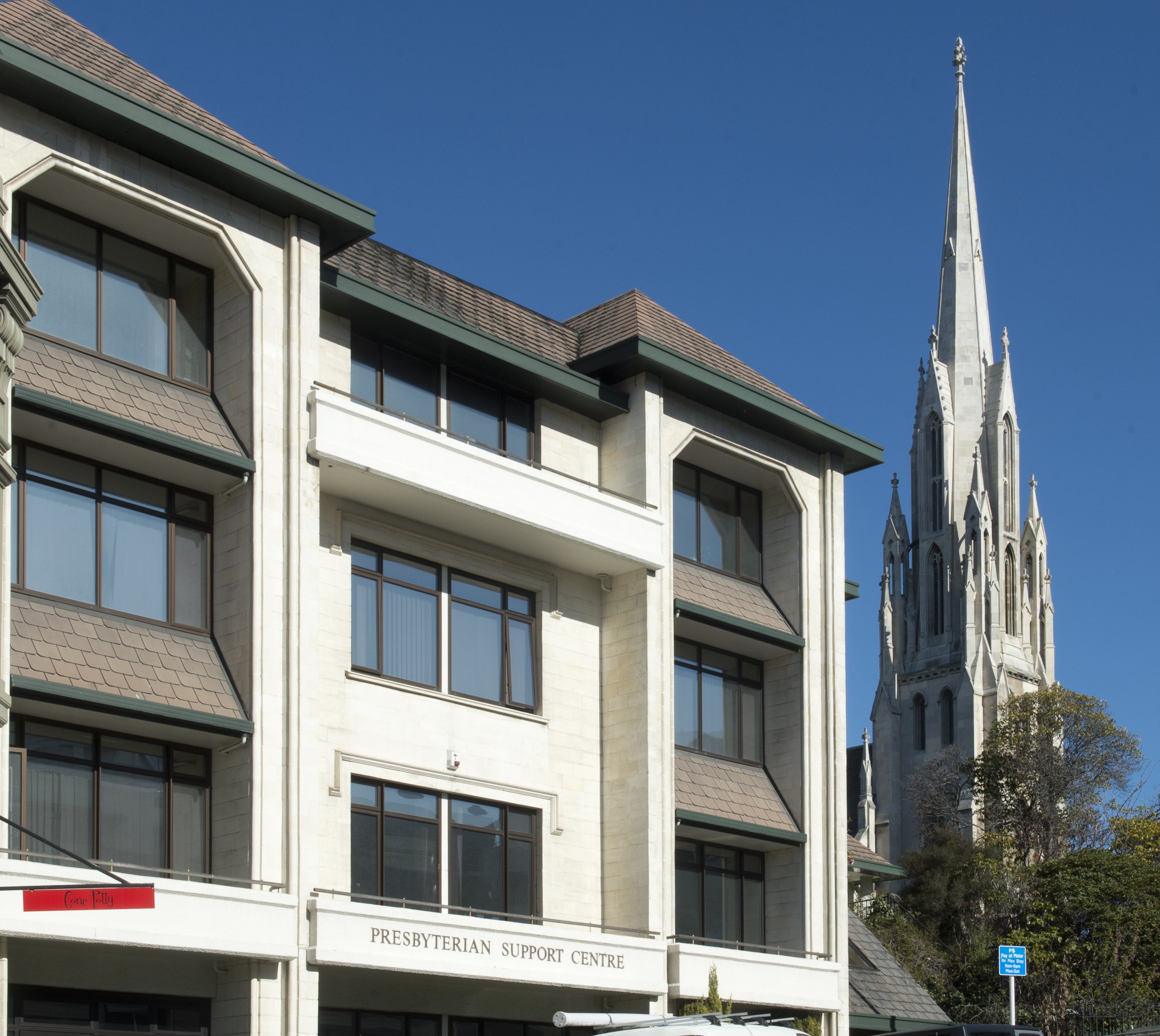 Presbyterian Support Otago sits in the shadow of the First Church of Otago in Moray Pl. The...