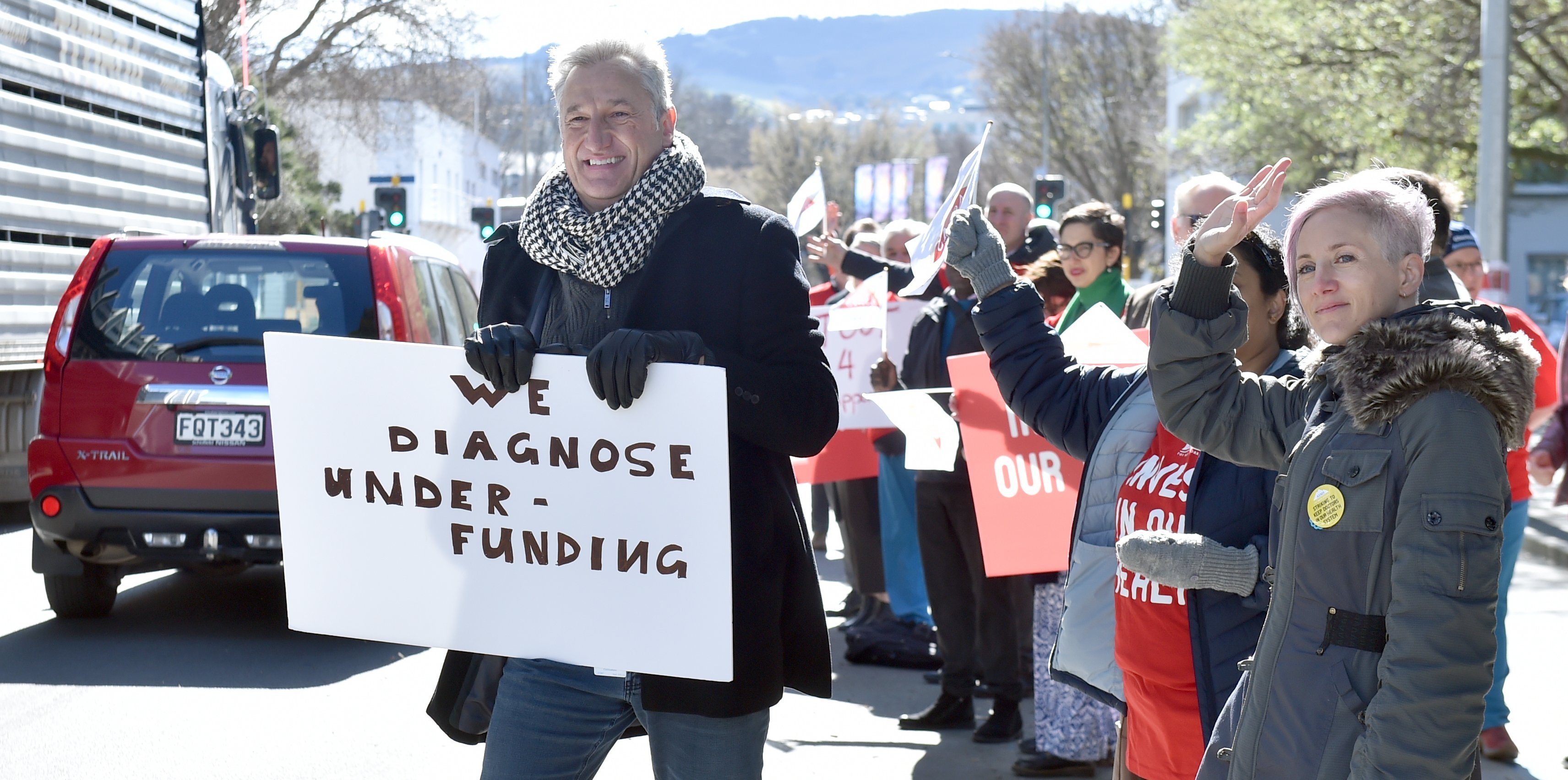 Senior doctors and supporters protest in Cumberland St, Dunedin, yesterday against the pay and...