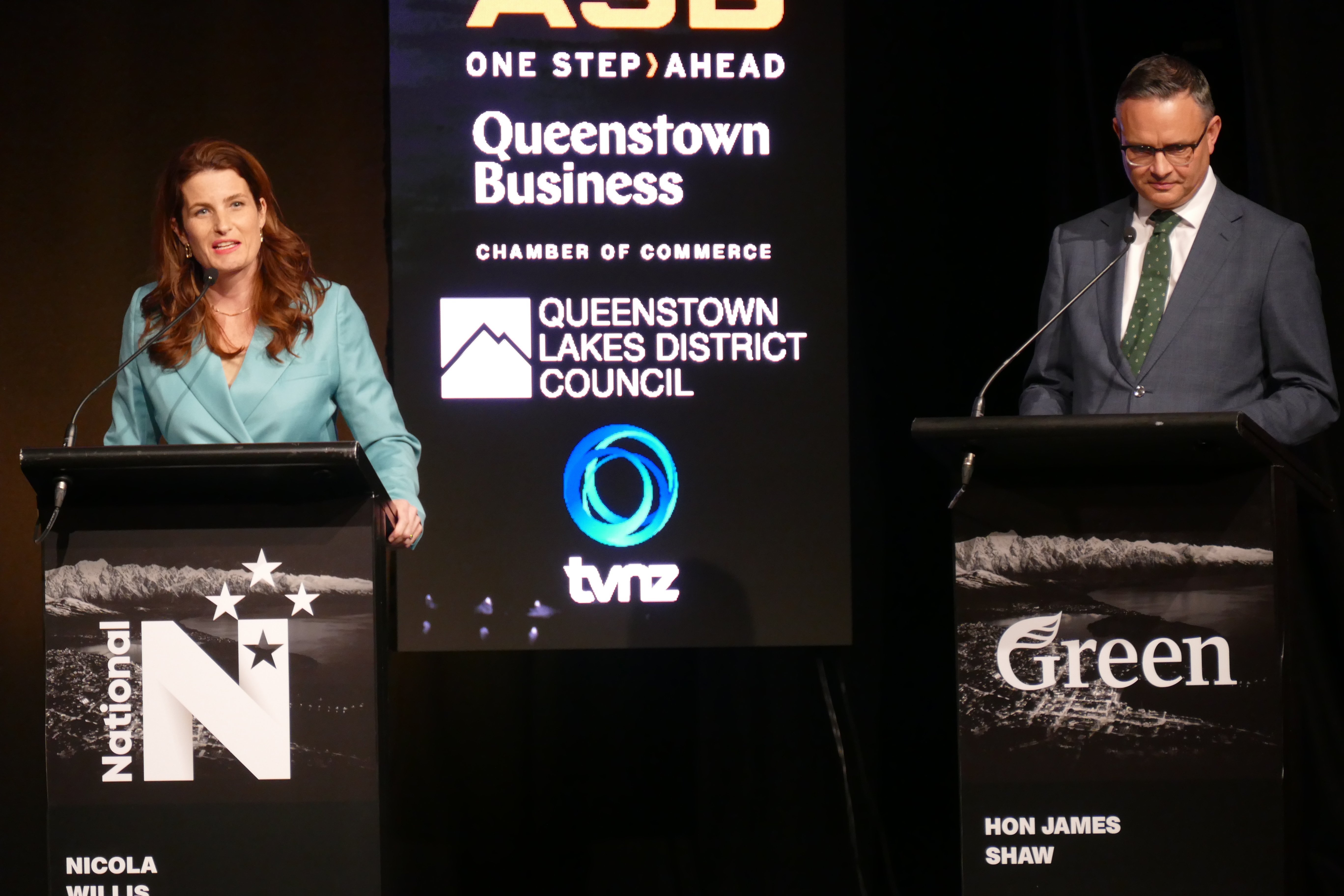 National finance spokeswoman Nicola Willis makes a point while Greens co-leader James Shaw watches. 