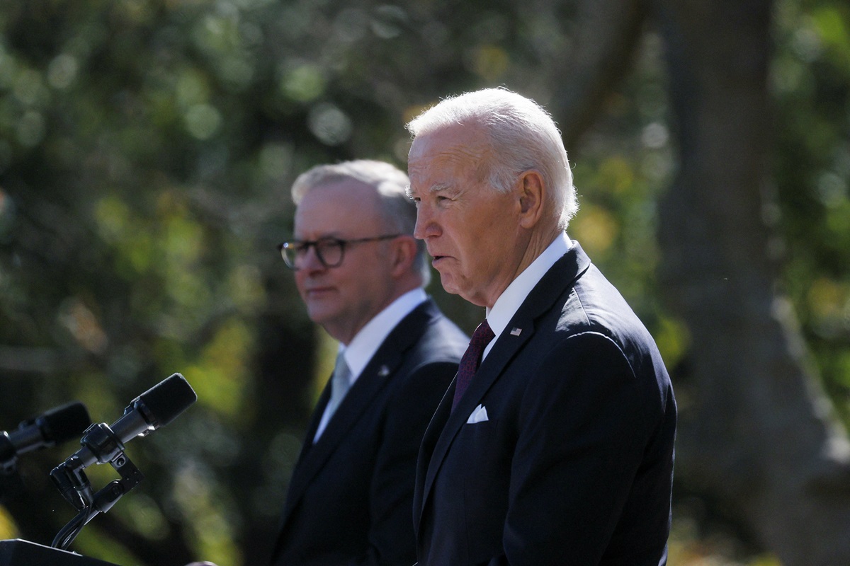 US President Joe Biden addresses a joint press conference with Australia’s Prime Minister Anthony...