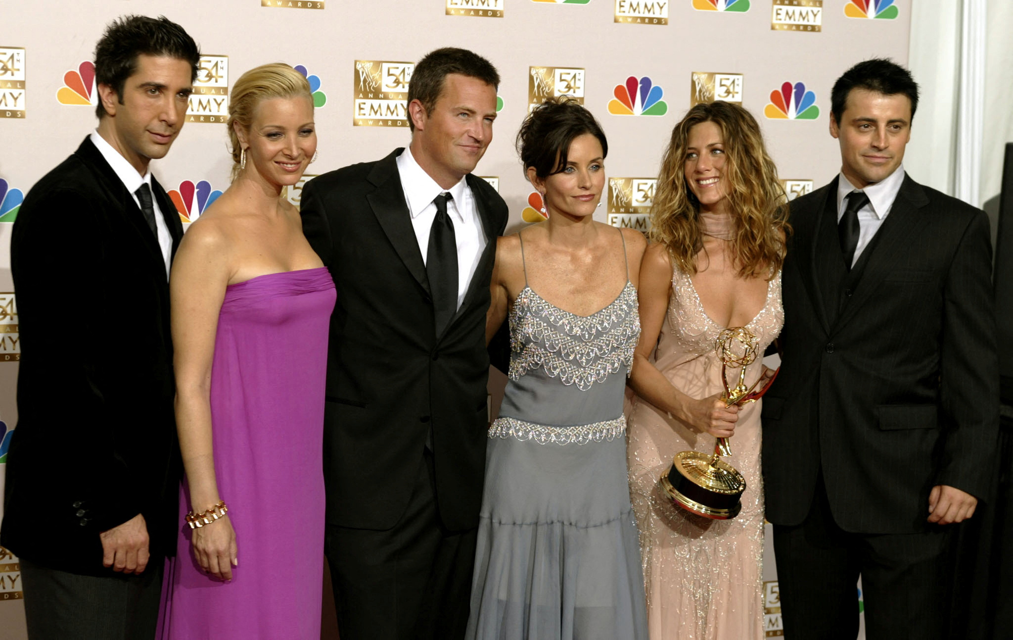 The cast of "Friends" at the Emmy Awards in 2002. From left: David Schwimmer, Lisa Kudrow,...