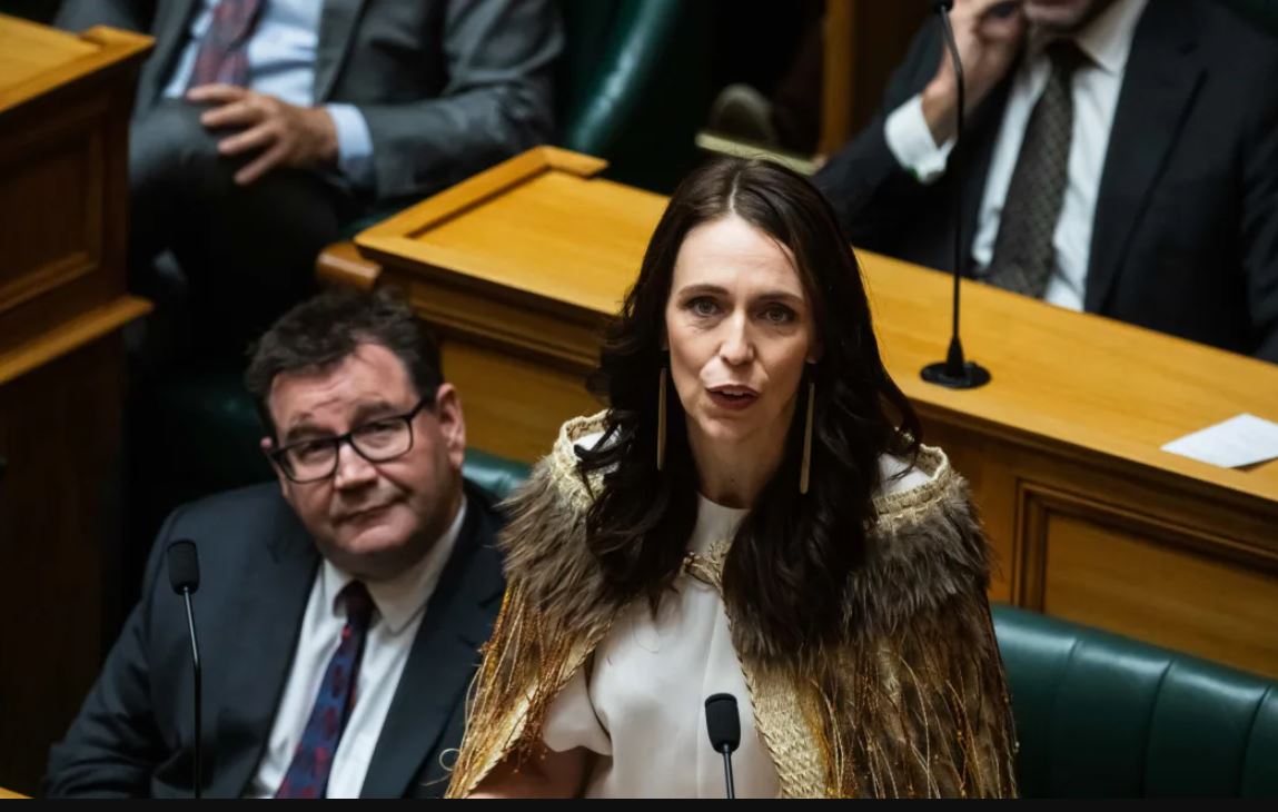 Jacinda Ardern giving her valedictory speech in April after her shock resignation in January....