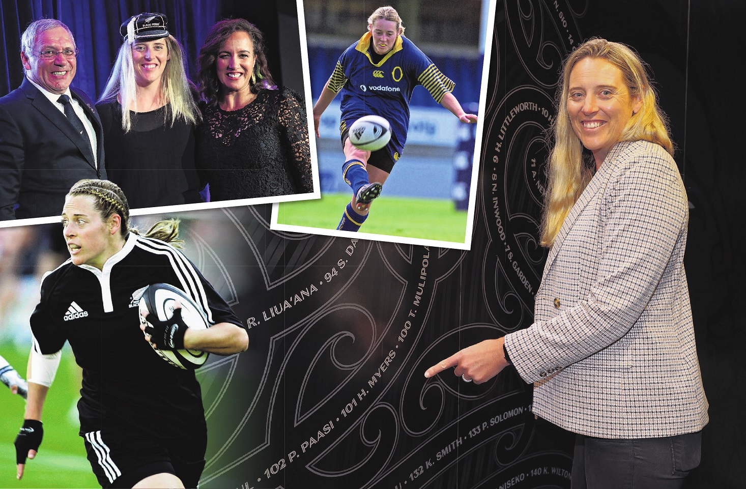 (Clockwise from right) Hannah Porter (nee Myers) points to her name on a wall of fame celebrating...