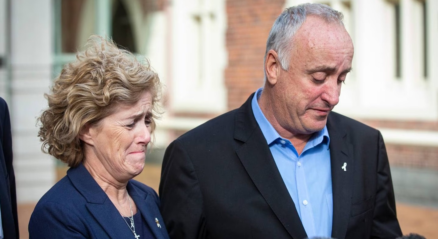 Grace Millane's parents Dave and Gillian speak to the media at the Auckland High Court after the...