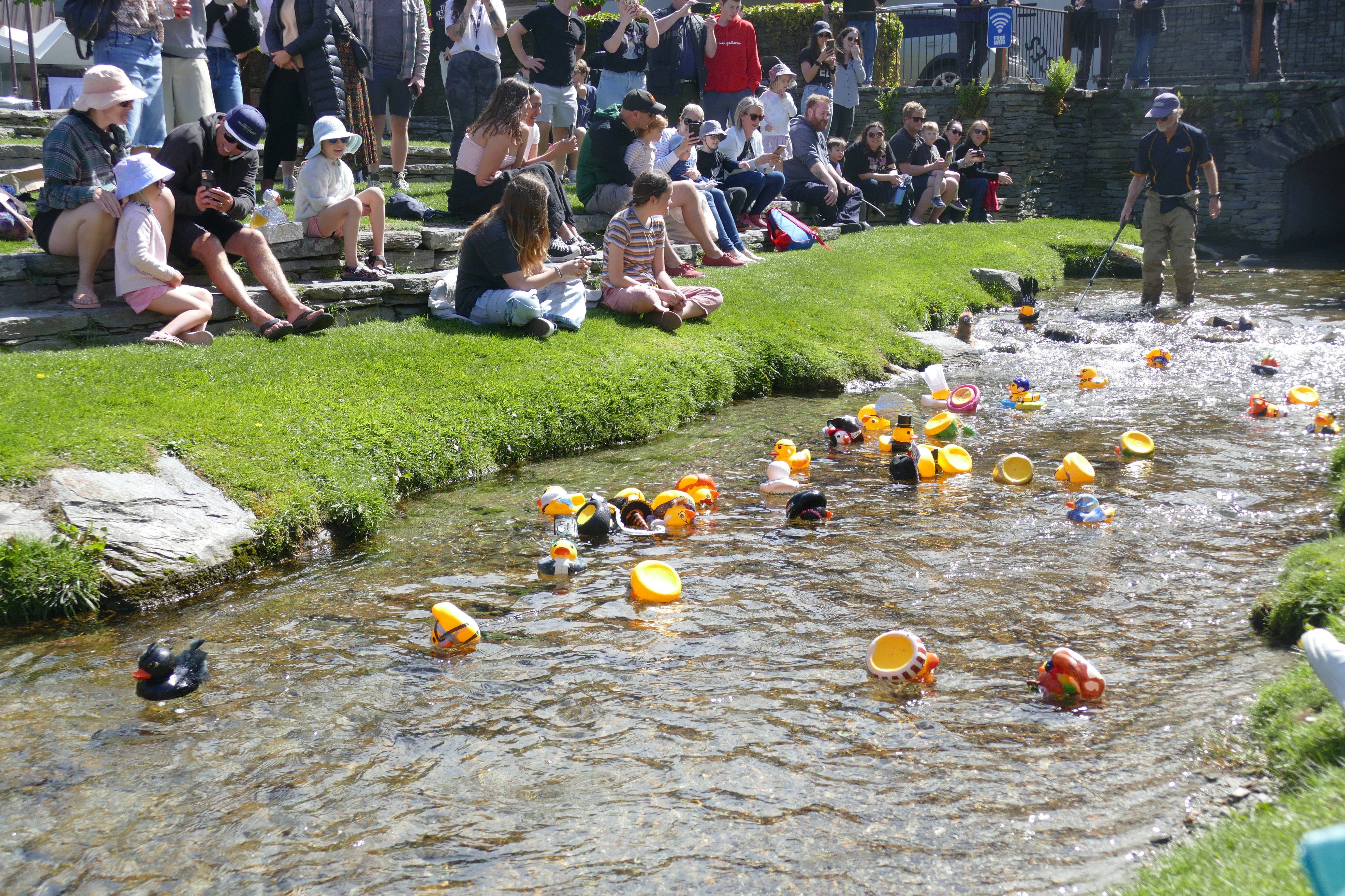 Some of the 40 ducks entered in the Rotary Queenstown corporate duck race make their way down...