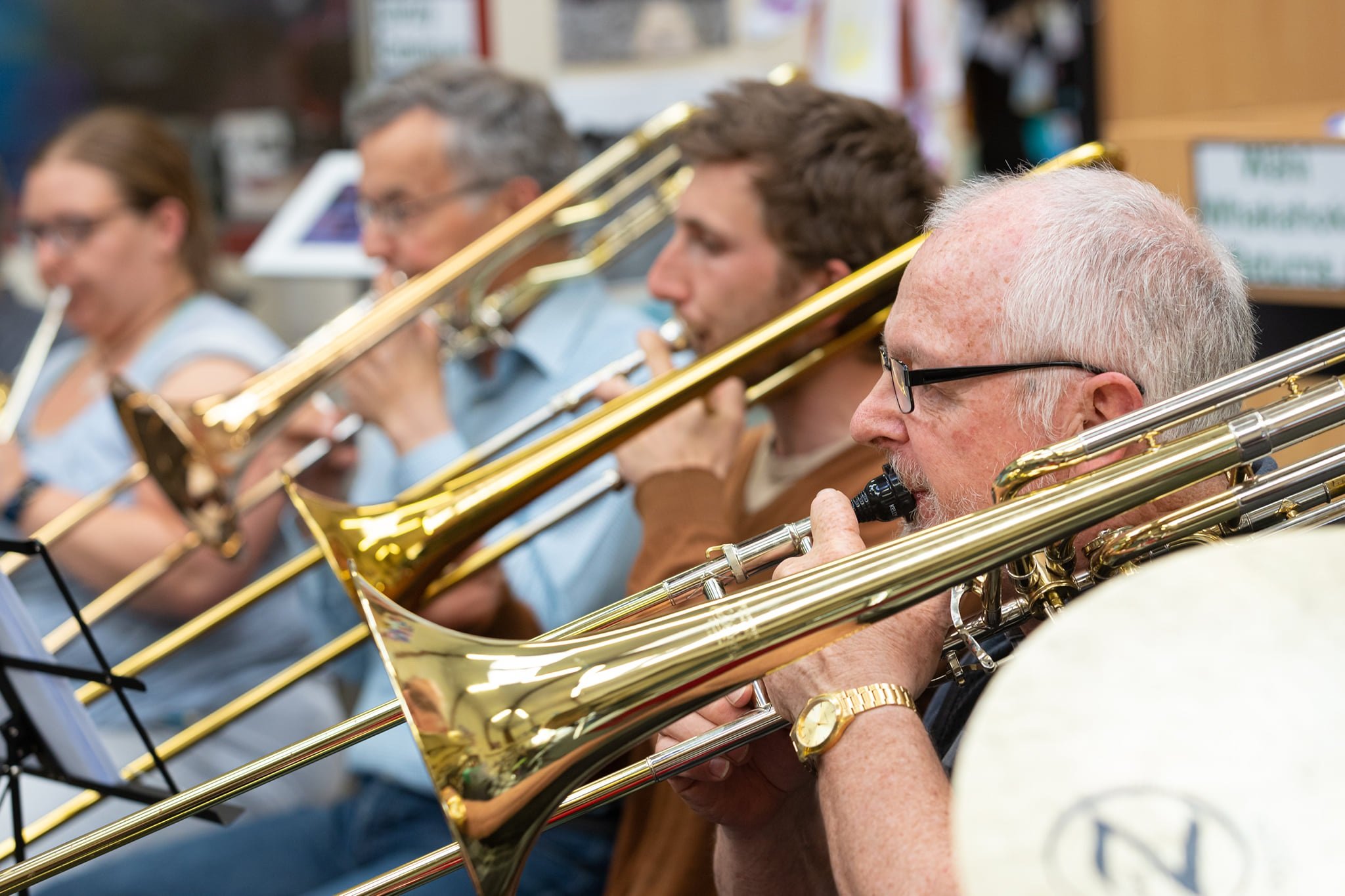 The Dunedin City Wind Orchestra trombone section rehearses for the "Pines of Rome" concert this...