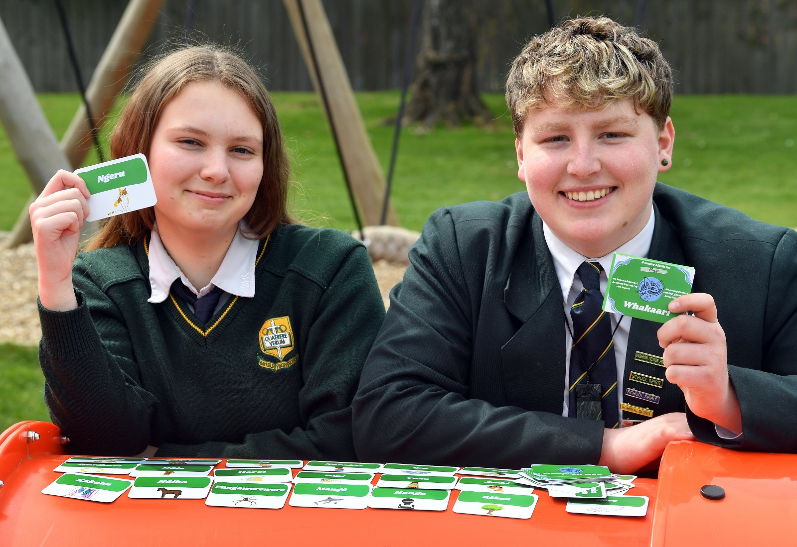 Year 12 pupils Imogen Johnston and Izaac Foster, both 16, are marketing their te reo charades....