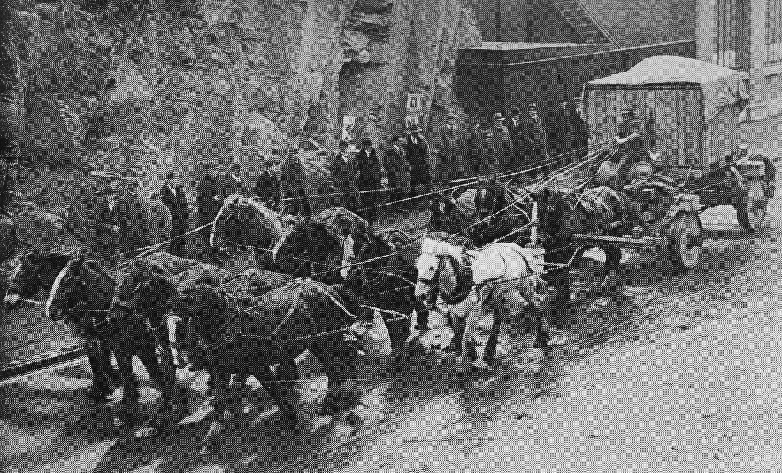 An unusual sight: An eleven horse team leaving Cumberland Street with heavy machinery for Waipori.