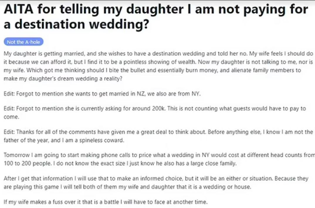 A New York father has taken to Reddit to ask if he's in the wrong for refusing to pay for his...