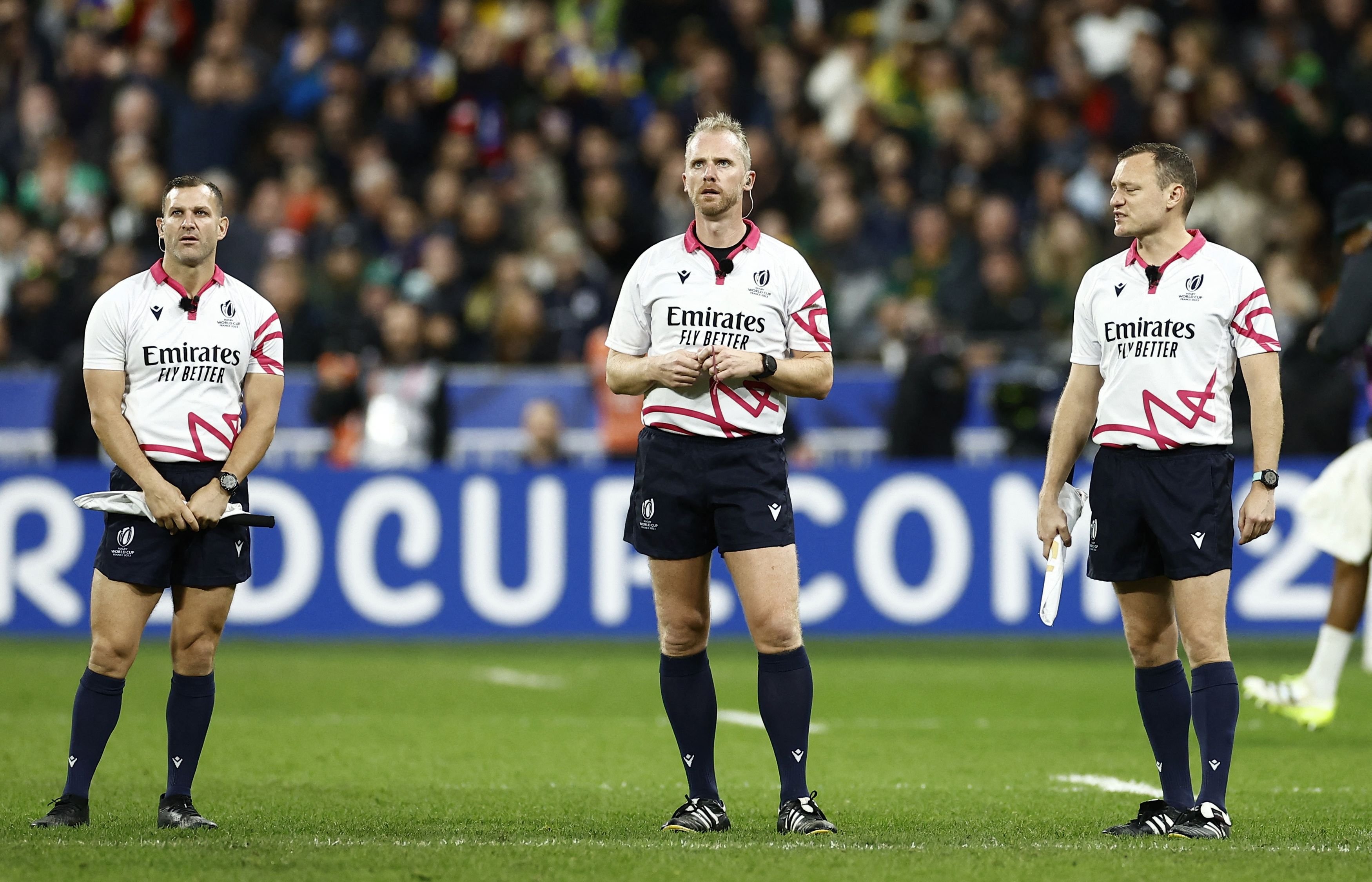 Wayne Barnes (centre), going upstairs. PHOTO: REUTERS