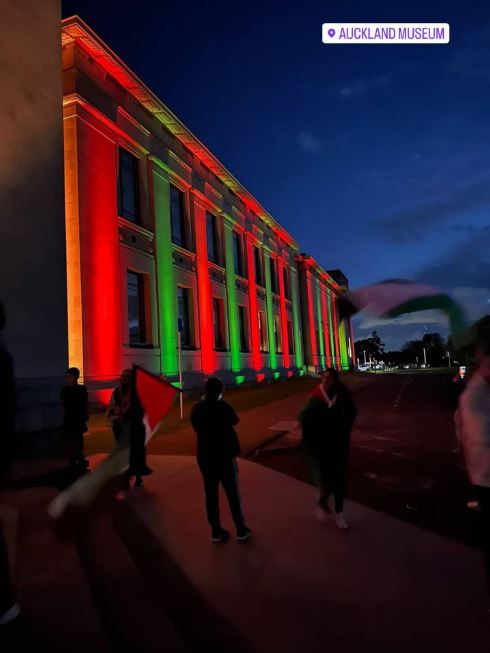 A social media post showed Auckland's War Memorial Museum with the colours of the Palestine flag.