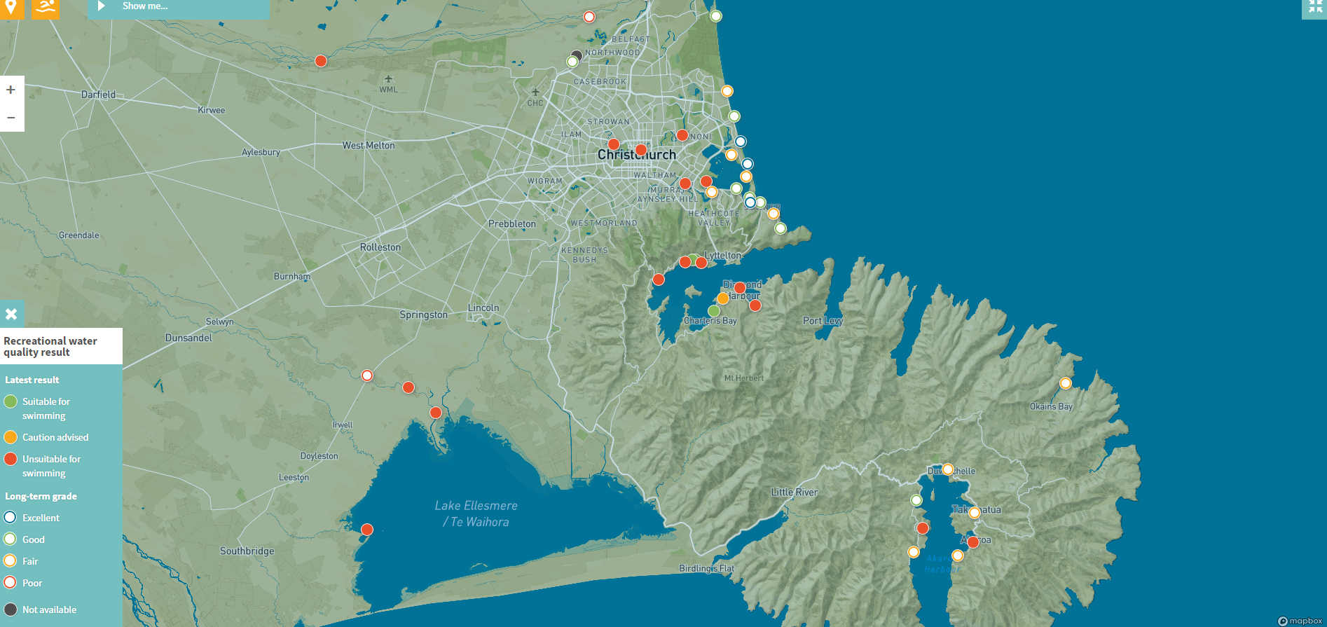 A map showing the water quality at Christchurch beaches and rivers on Saturday. Image:  Land Air...