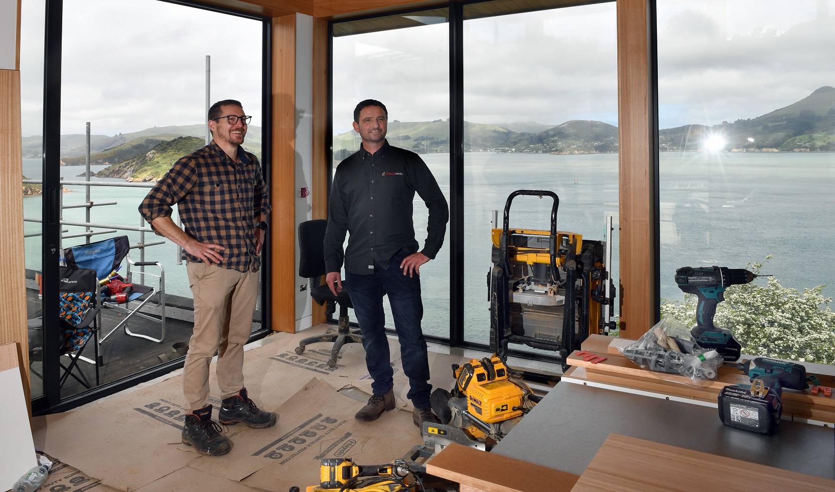 Tom Connor and Chris Jones in their Port Chalmers build which is also the Connor family’s home....