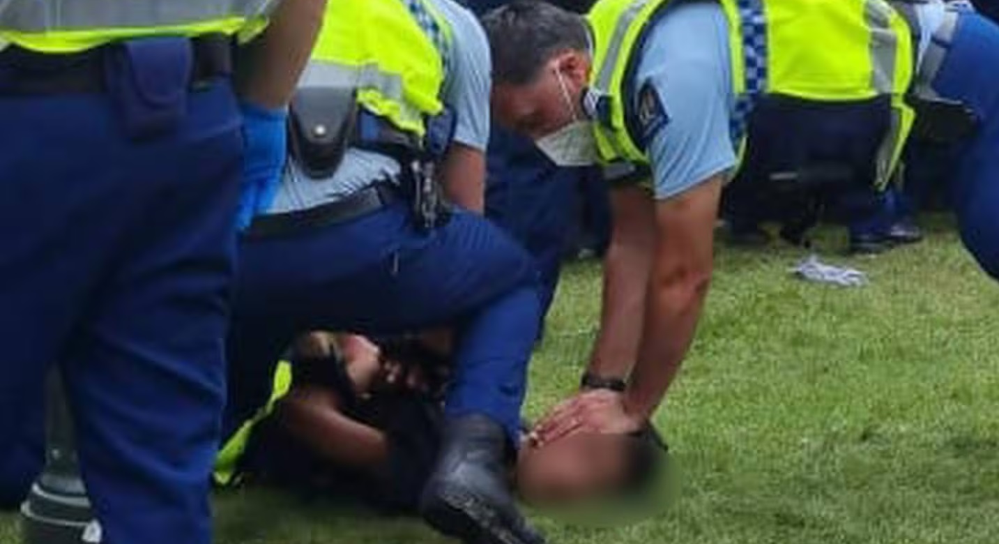 Alex Lawrence had his head held down by a police officer during the protest. Photo: Supplied