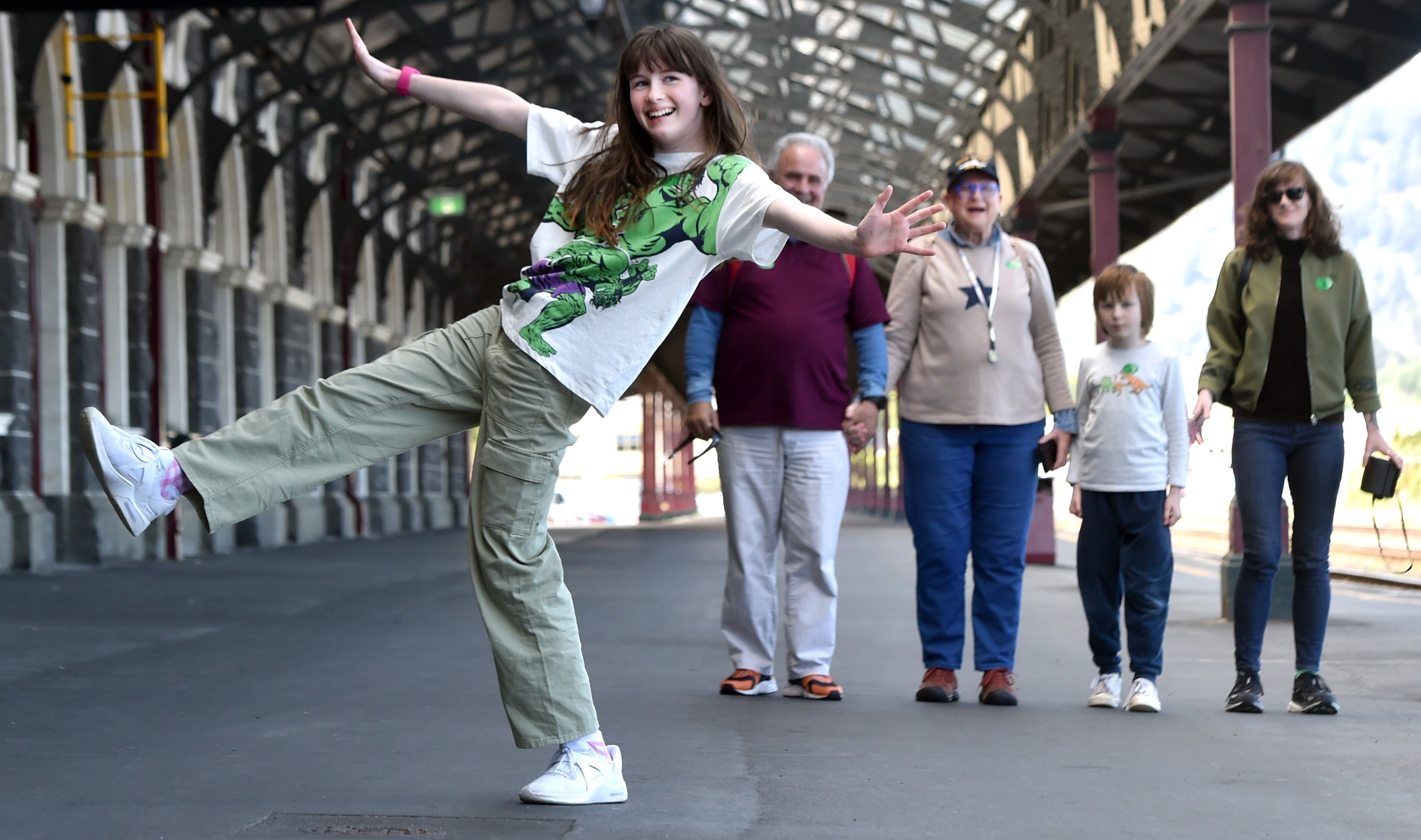 Straight off her first ever cruise ship, Nina Bower, 12, enjoys the Dunedin Railway Station with...