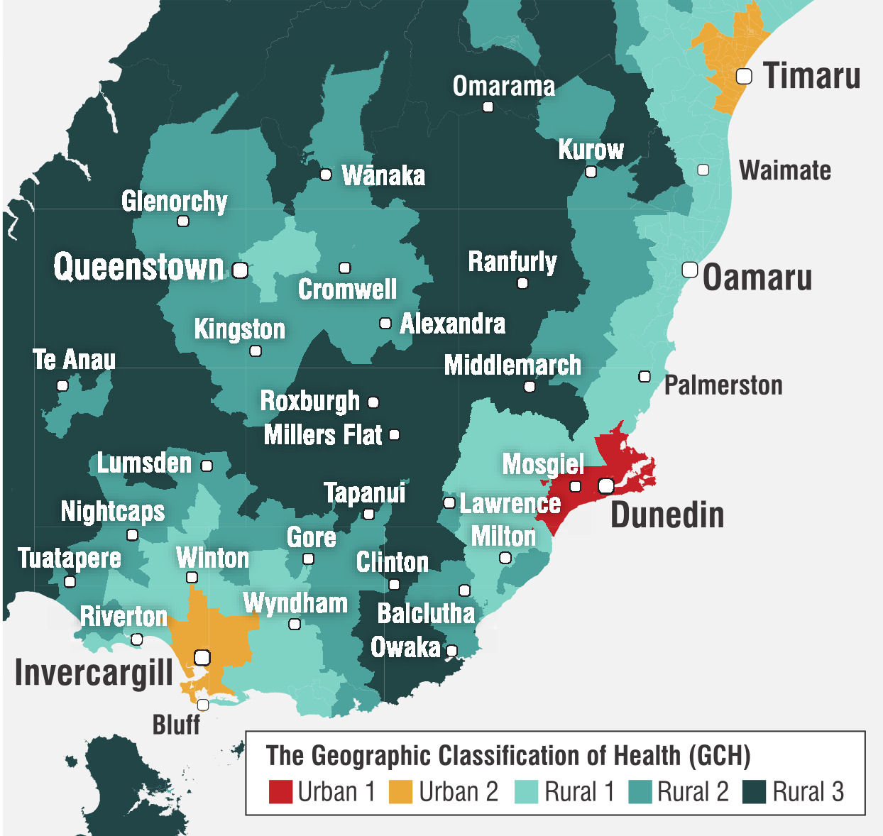 The map shows the urban-rural classification for health that Prof Garry Nixon’s team has...