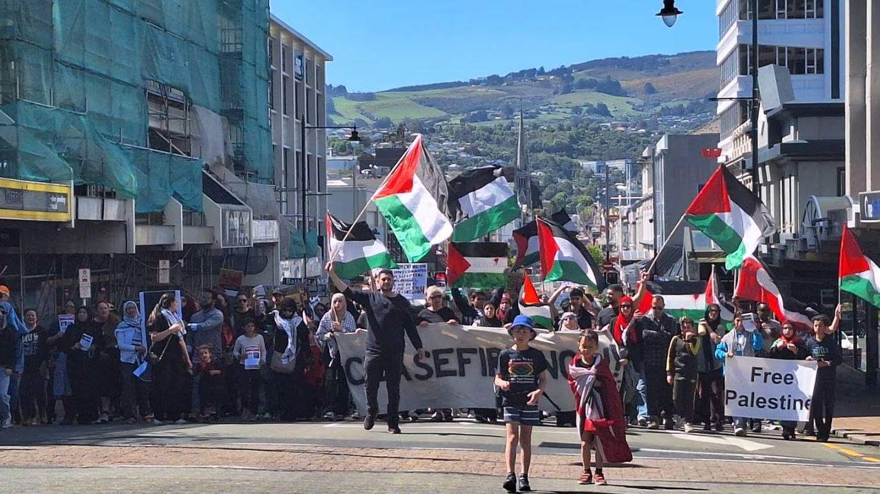 Hundreds of protestors gathered in Dunedin to call for a ceasefire in Palestine. Photos: Ben Tomsett