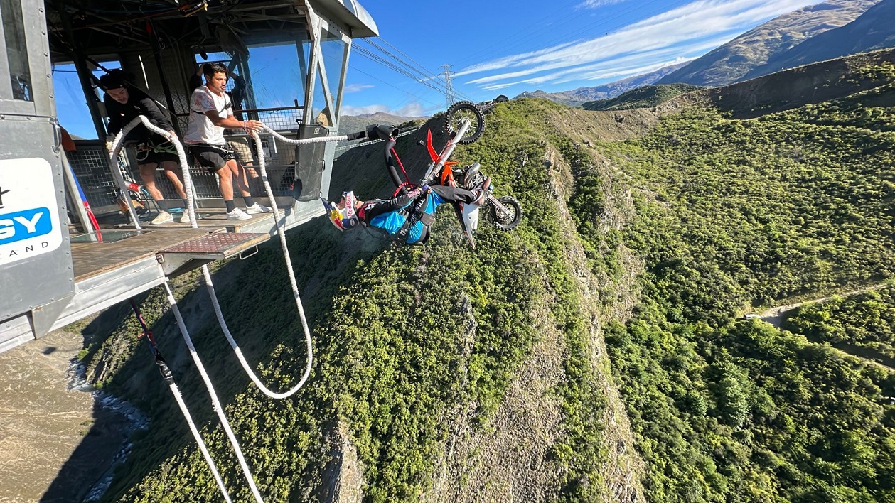 Australian freestyle motocross rider Robbie Maddison launches from the AJ Hackett Nevis Bungy...