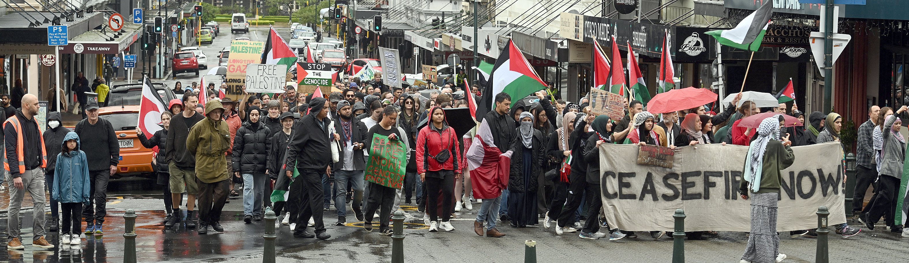 A convoy of protesters make their way up Stuart St towards the Octagon in Dunedin on Saturday....