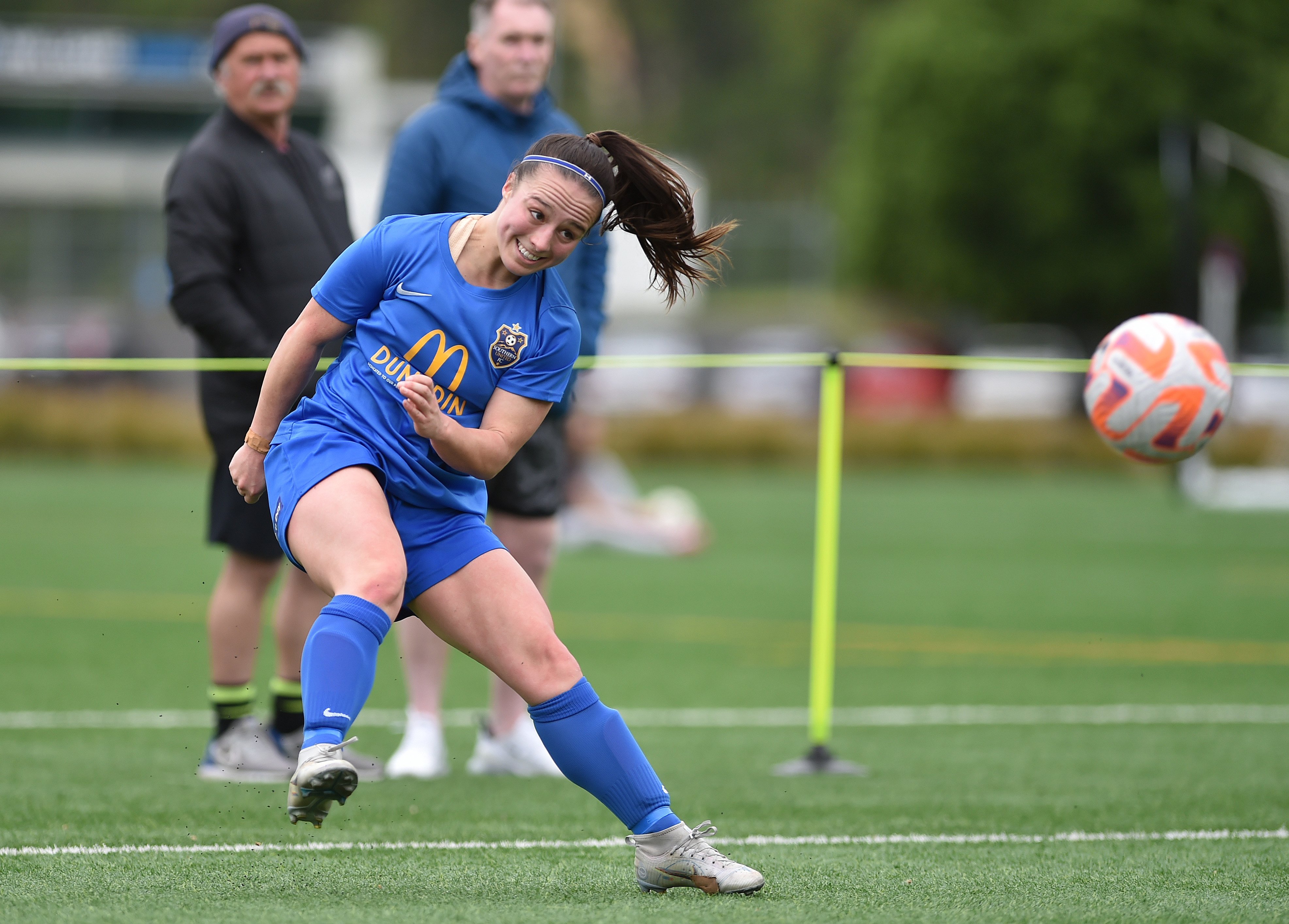 Margi Dias heads the ball for Southern United. PHOTO: GREGOR RICHARDSON