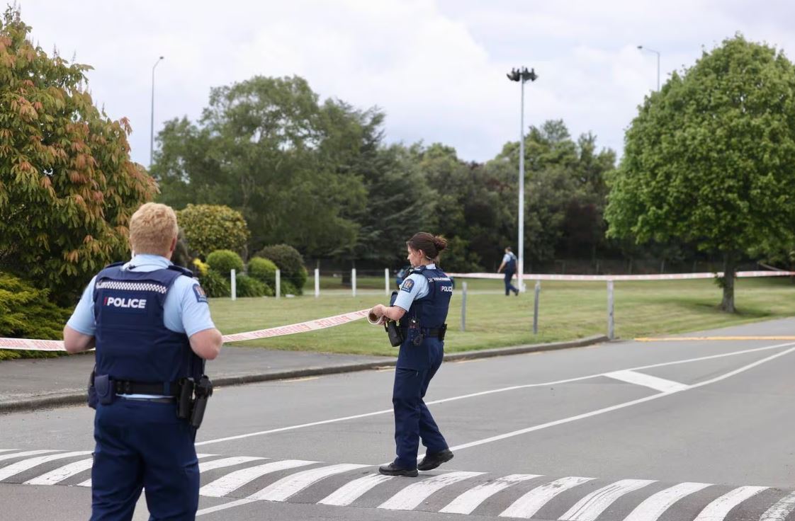 Police at the scene of an incident near Wolfbrook Arena in Christchurch. Photo: George Heard