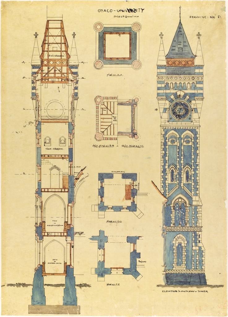 Maxwell Bury’s designs for the University of Otago clocktower, drawn about 1877, are part of a...