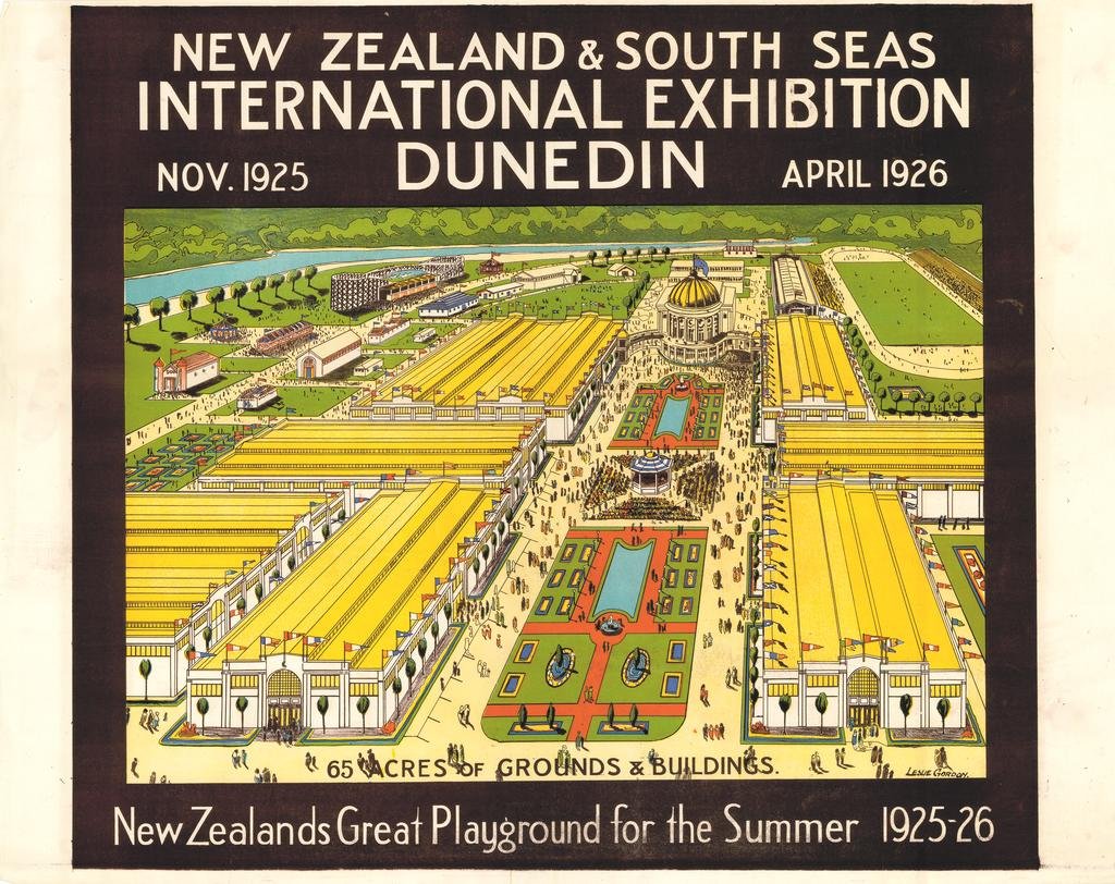 A poster by Leslie Graham Gordon advertises the New Zealand & South Seas International Exhibition...