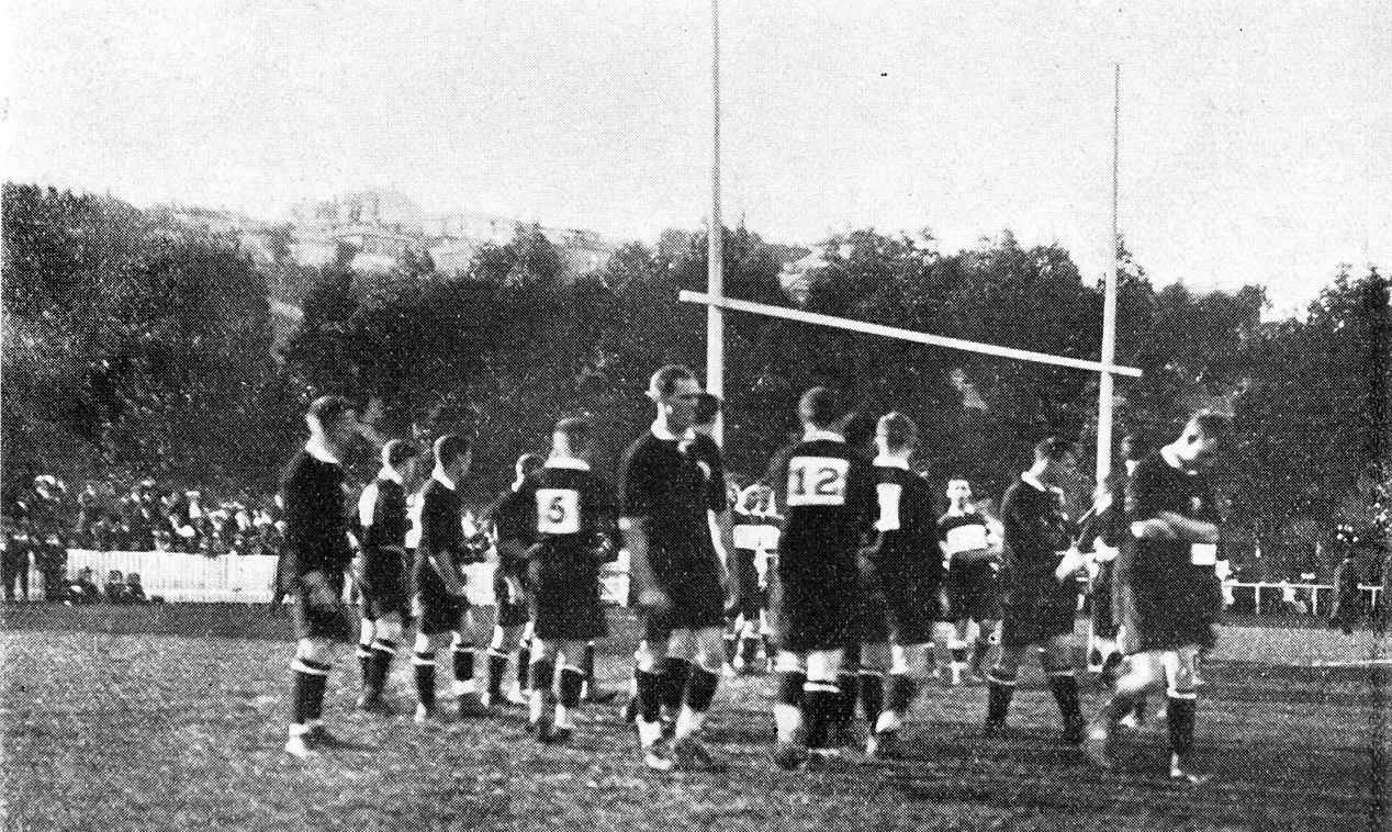 The teams take the field for Carisbrook’s first rugby test.