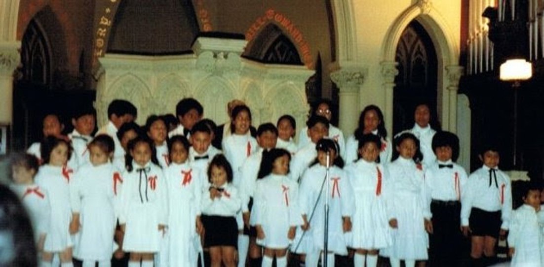 Marama T-Pole (fourth girl from left) and Jonathan Lemalu (second boy from right) at Dunedin...