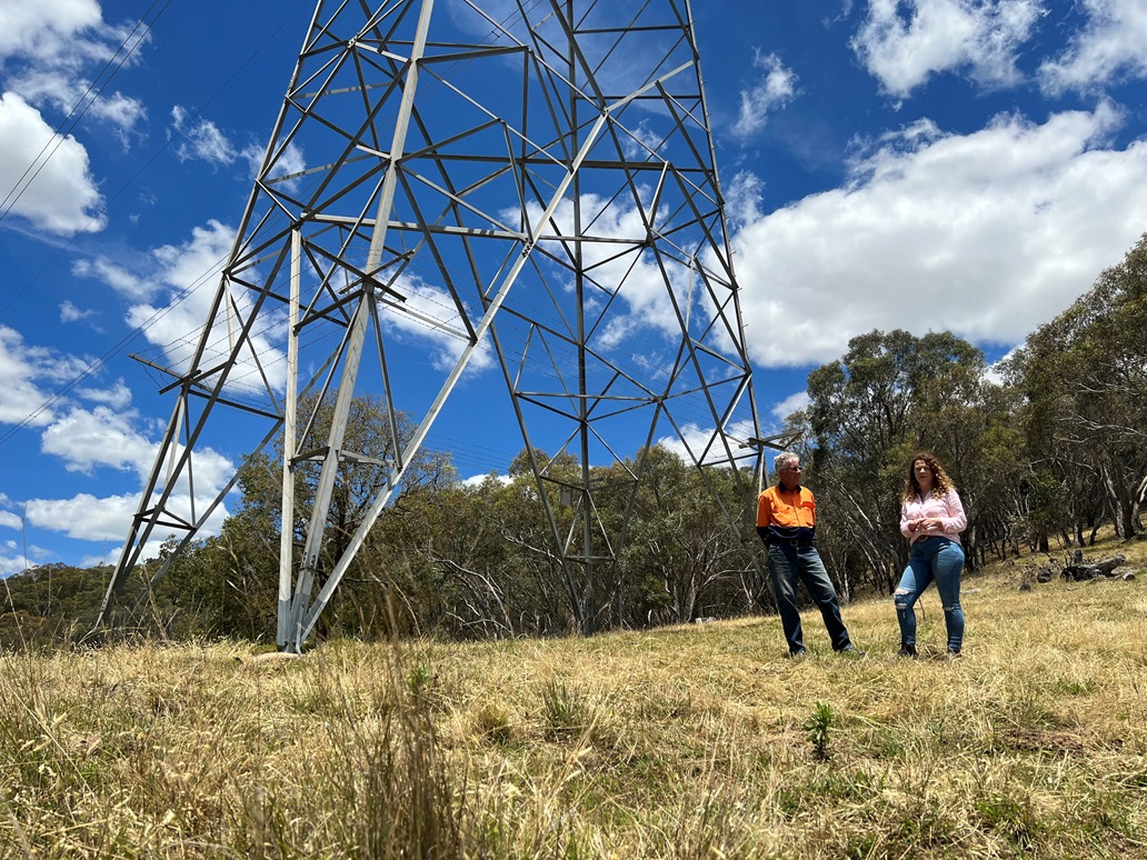 Rebecca Tobin and her father stand under a 330-kilovolt power line on their farm near Adelong in...