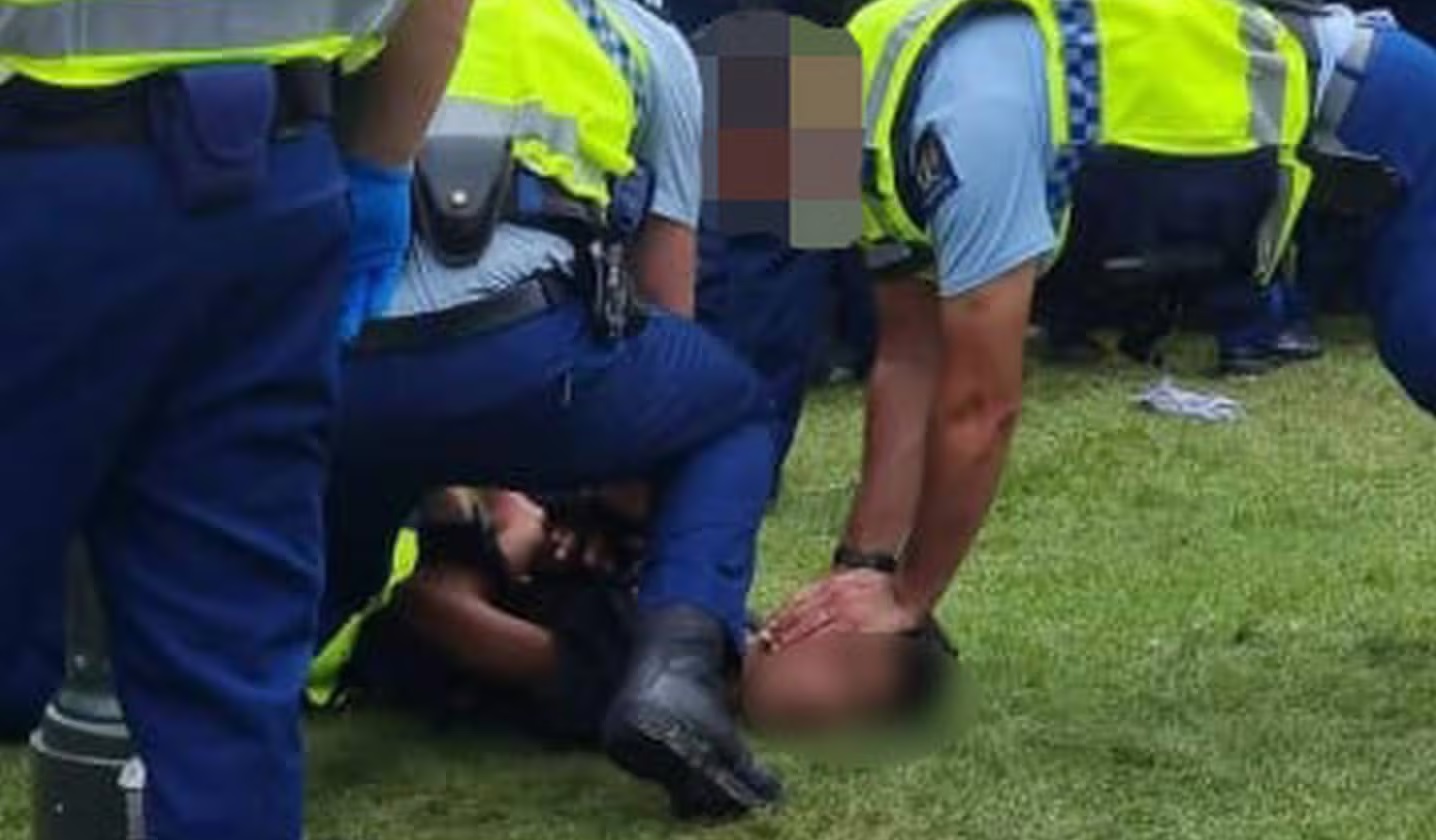 An officer does “press up” restraint on parliament protester. Photo: Supplied 