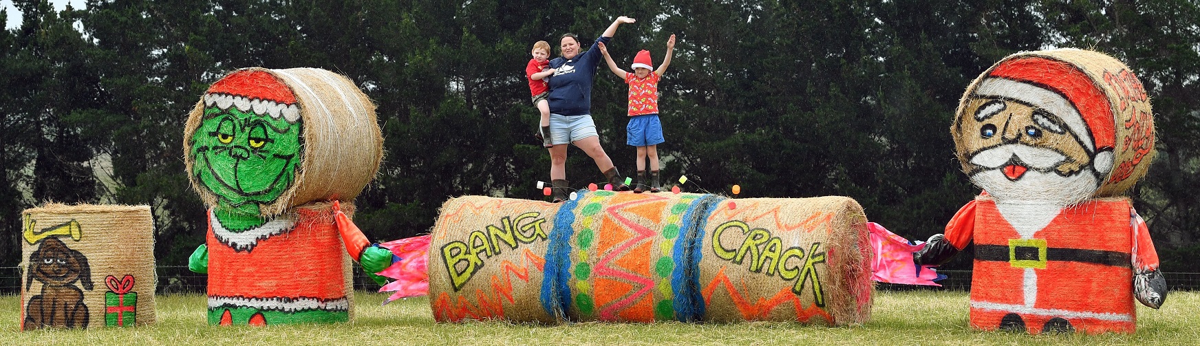 Sara Davis with sons Issac (3) and William (6) on their Christmas hay bale display, south of...