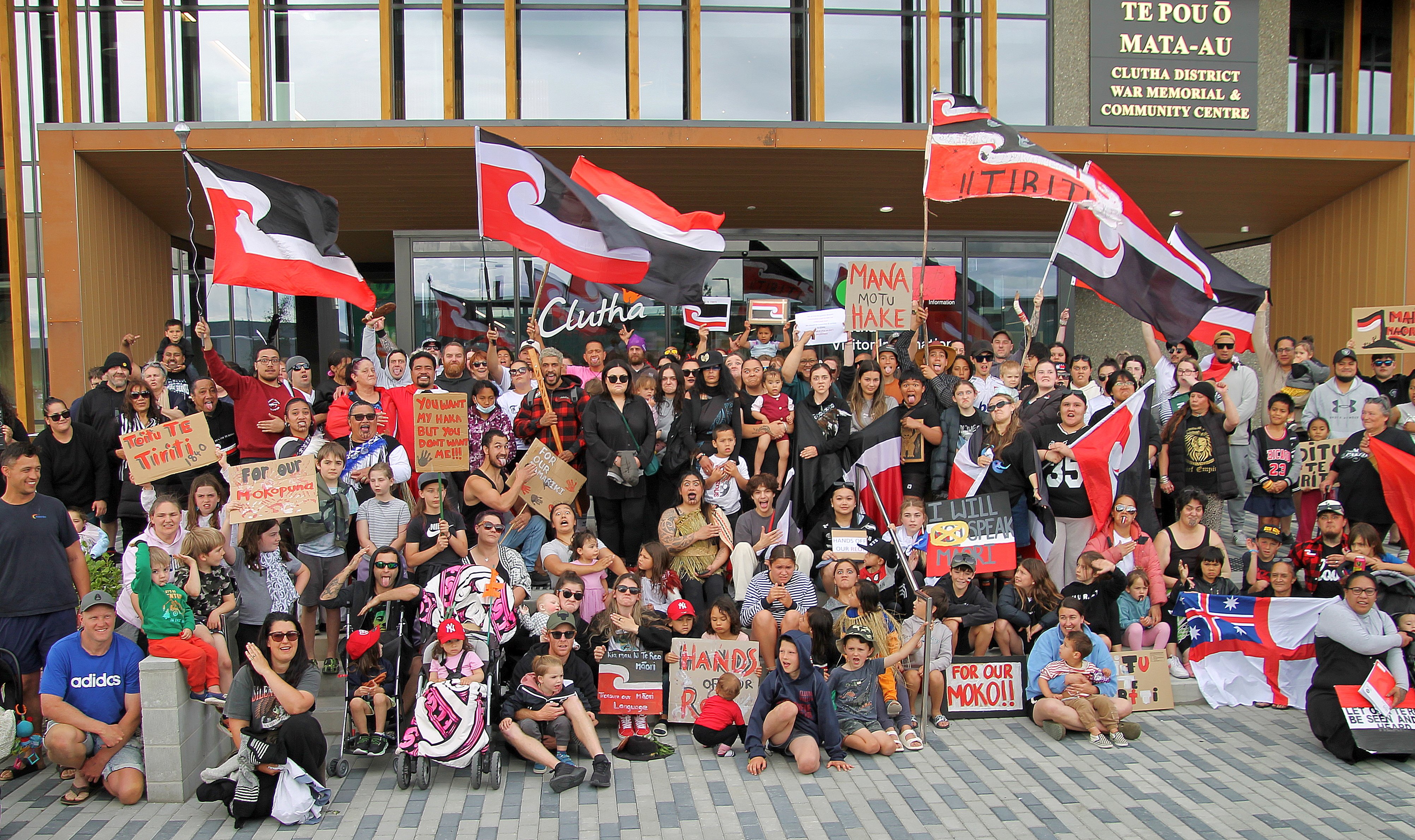 Peaceful protesters walked through Balclutha to the new Te Pou Ō Mata-Au — Clutha District War...