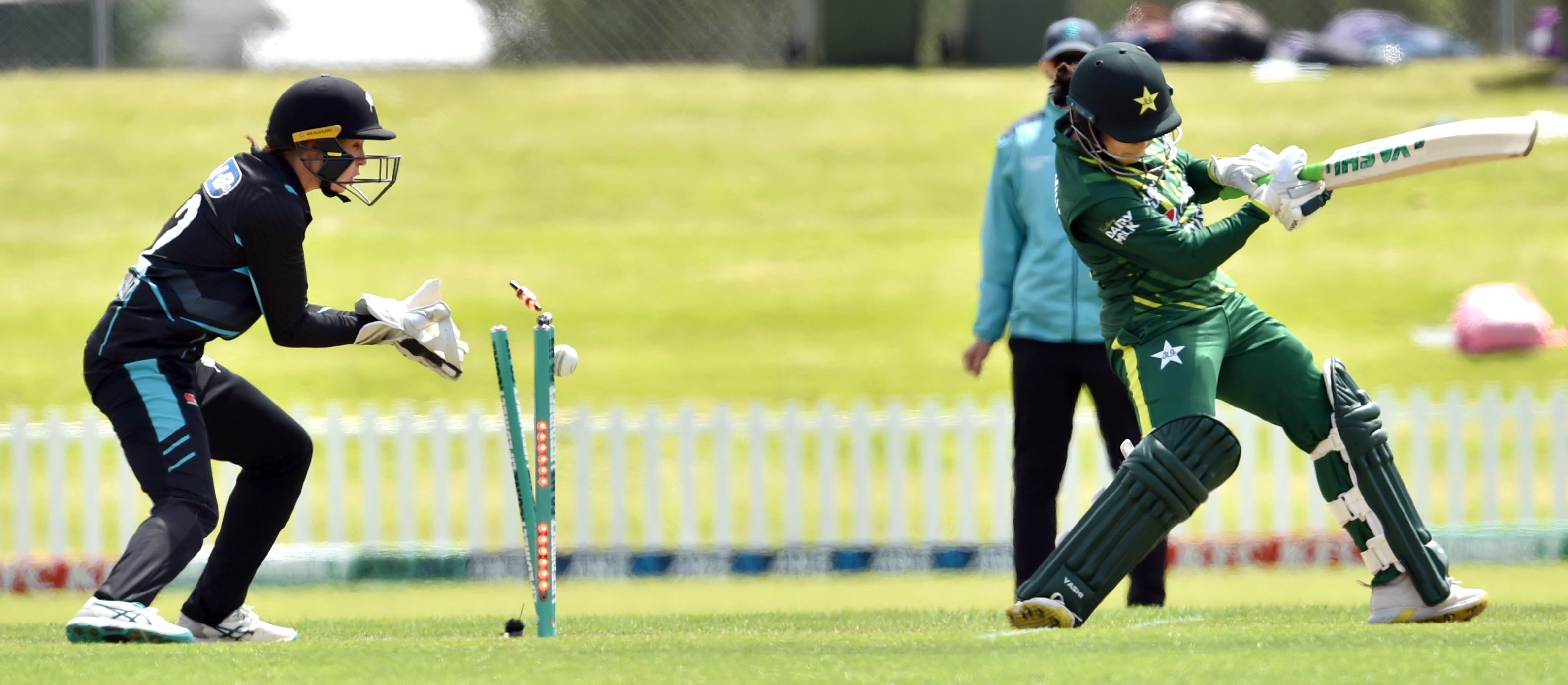 Pakistan batter Fatima Sana is bowled during the T20 women’s cricket international in Dunedin...