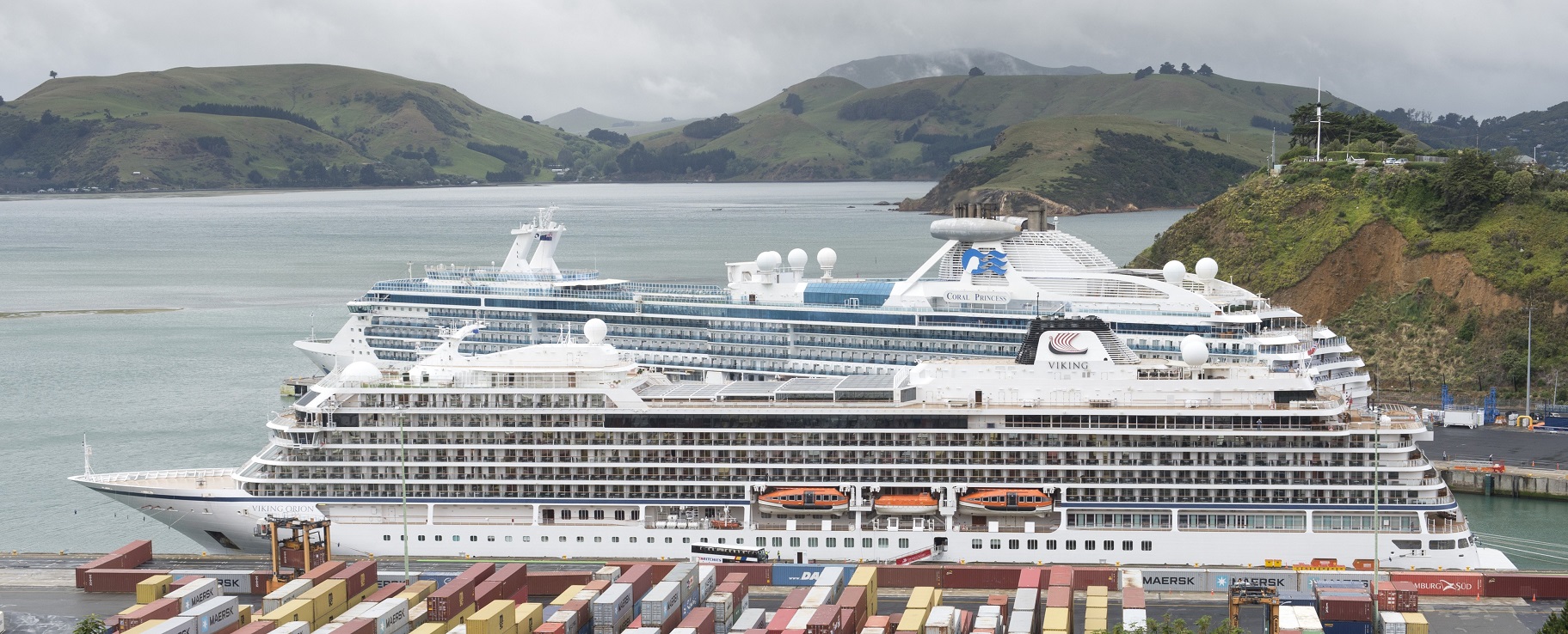 The cruise ships Viking Orion (foreground) and Coral Princess in Port Chalmers yesterday. Photo:...