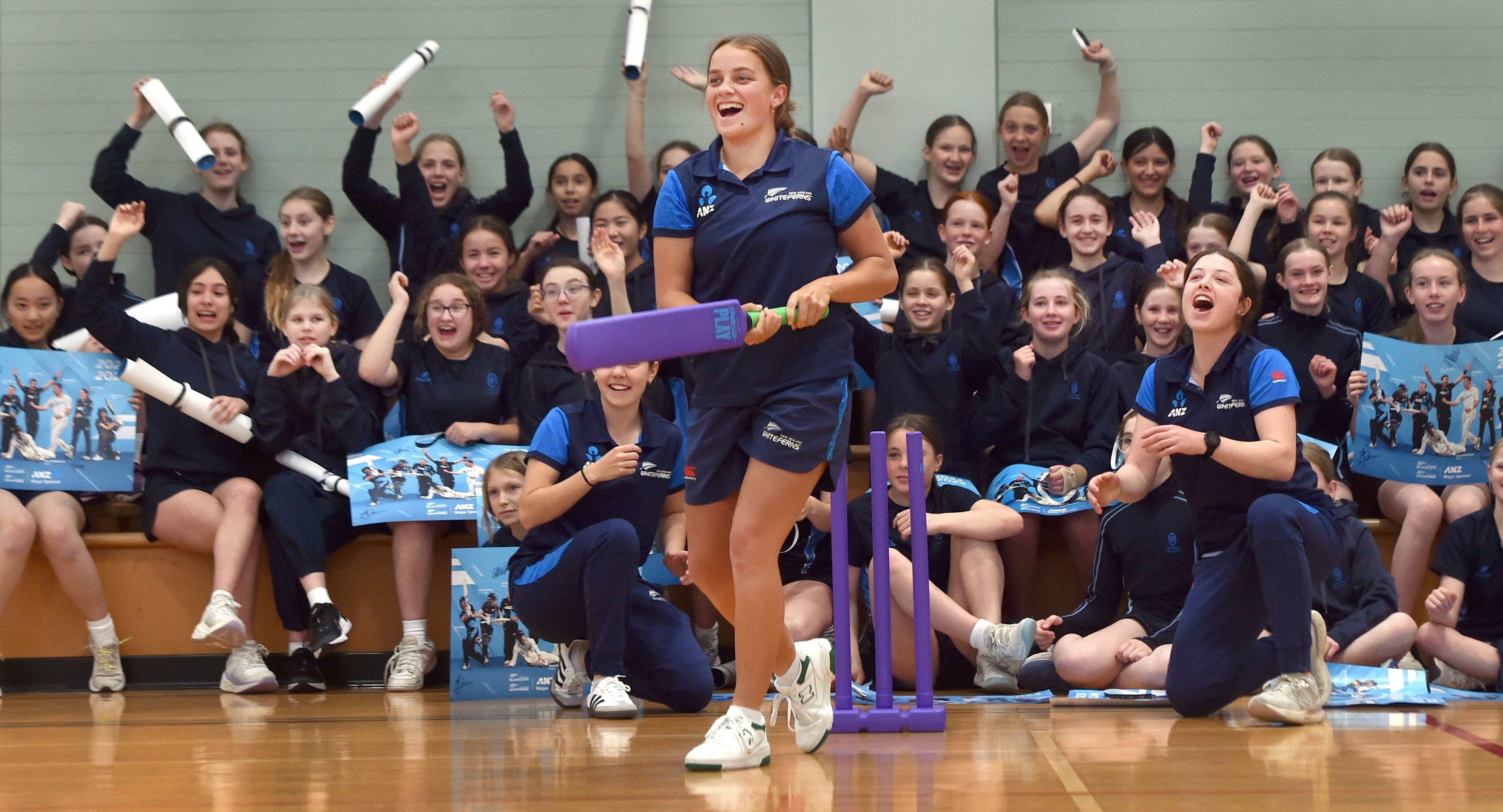 White Ferns cricketer Eden Carson shows off her skills at St Hilda’s Collegiate yesterday. PHOTO:...