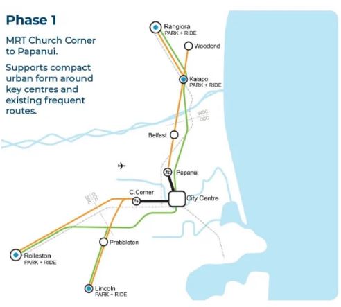 Mass Rapid Transit (MRT) phase 1 proposal for Greater Christchurch. Photo: Supplied / Greater...