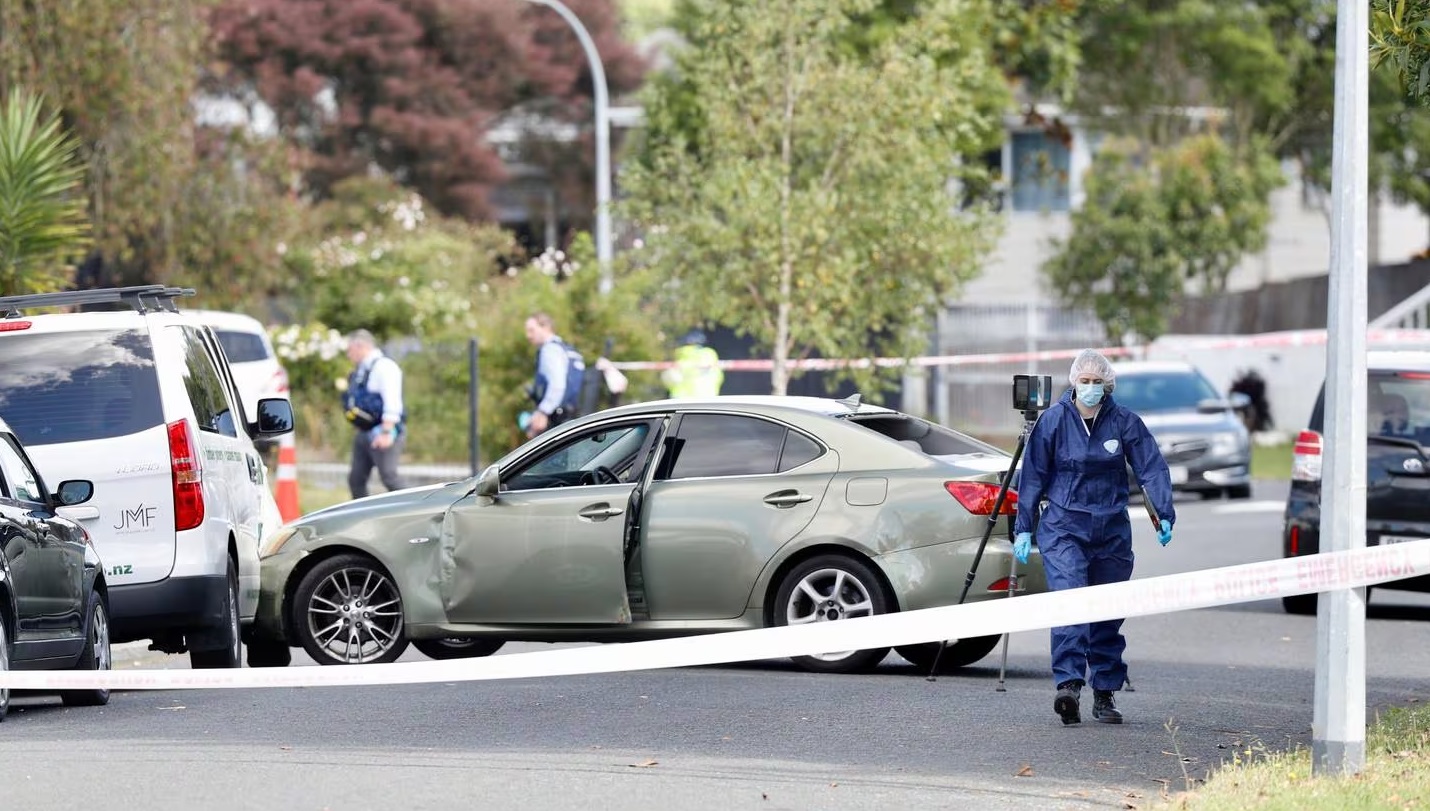 A vehicle of interest remains at the scene on Addington Ave, Manurewa, where two people were...