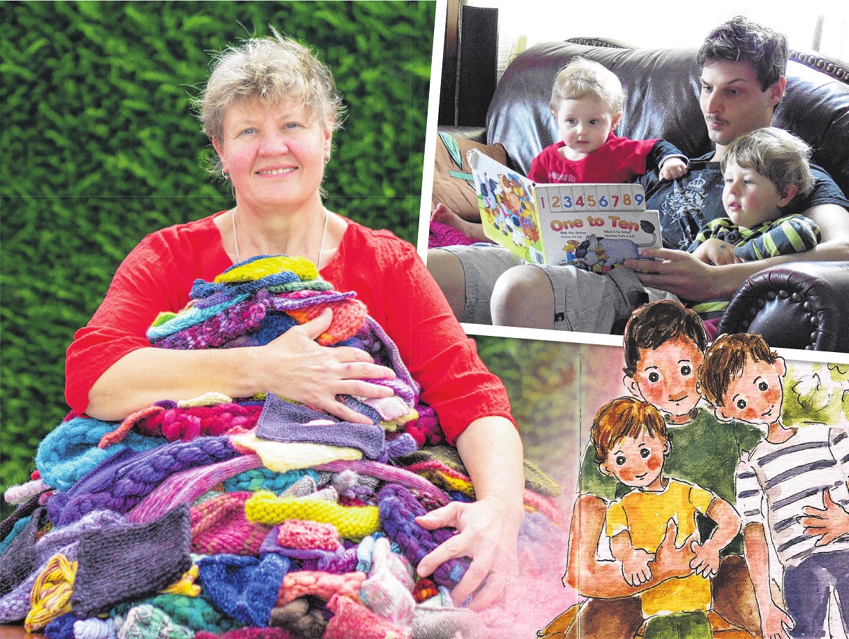 Left: Palmerston artist and author Alicia Hall holds together the huge pile of knitting she has...