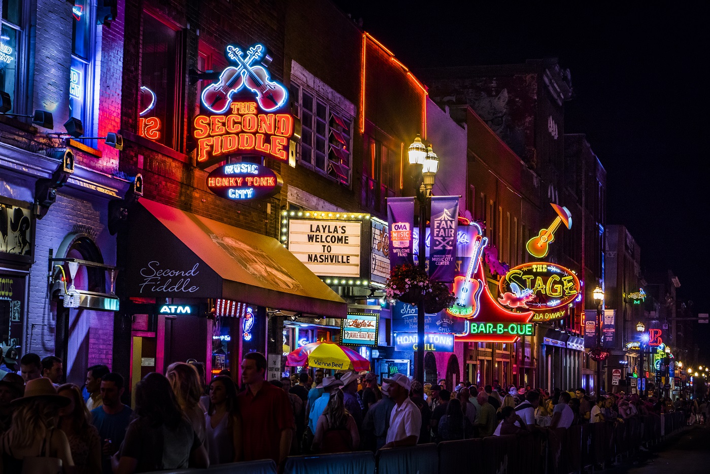 Neon signs in Nashville’s renowned country music entertainment district Lower Broadway. Photo:...