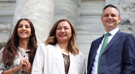 Golriz Ghahraman with co-leaders Marama Davidson and James Shaw at Parliament following the...