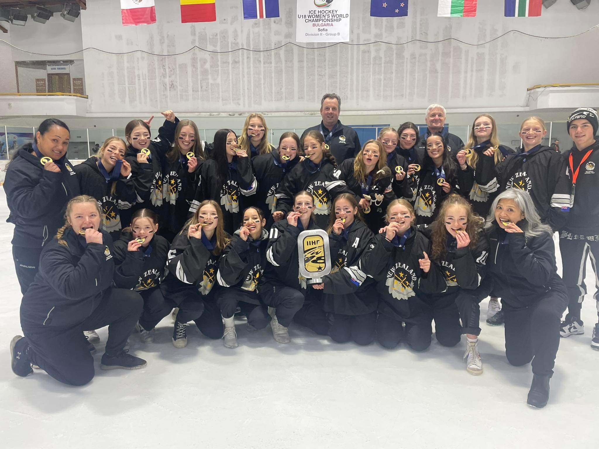 The New Zealand under-18 ice hockey team celebrate their success in Bulgaria. Photo: supplied