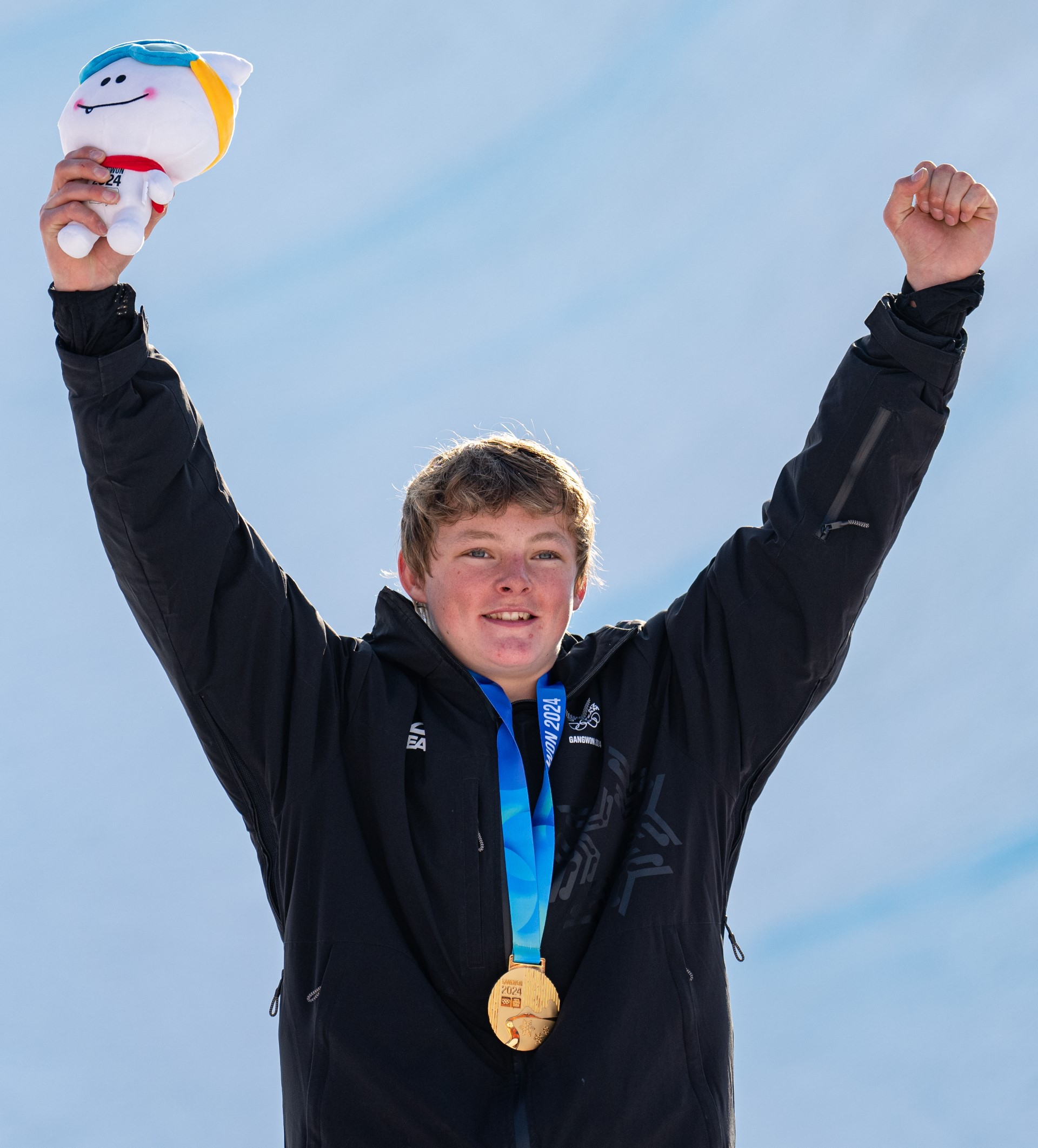 Lake Hāwea freeskier Luke Harrold celebrates winning New Zealand’s first gold medal at a Winter...