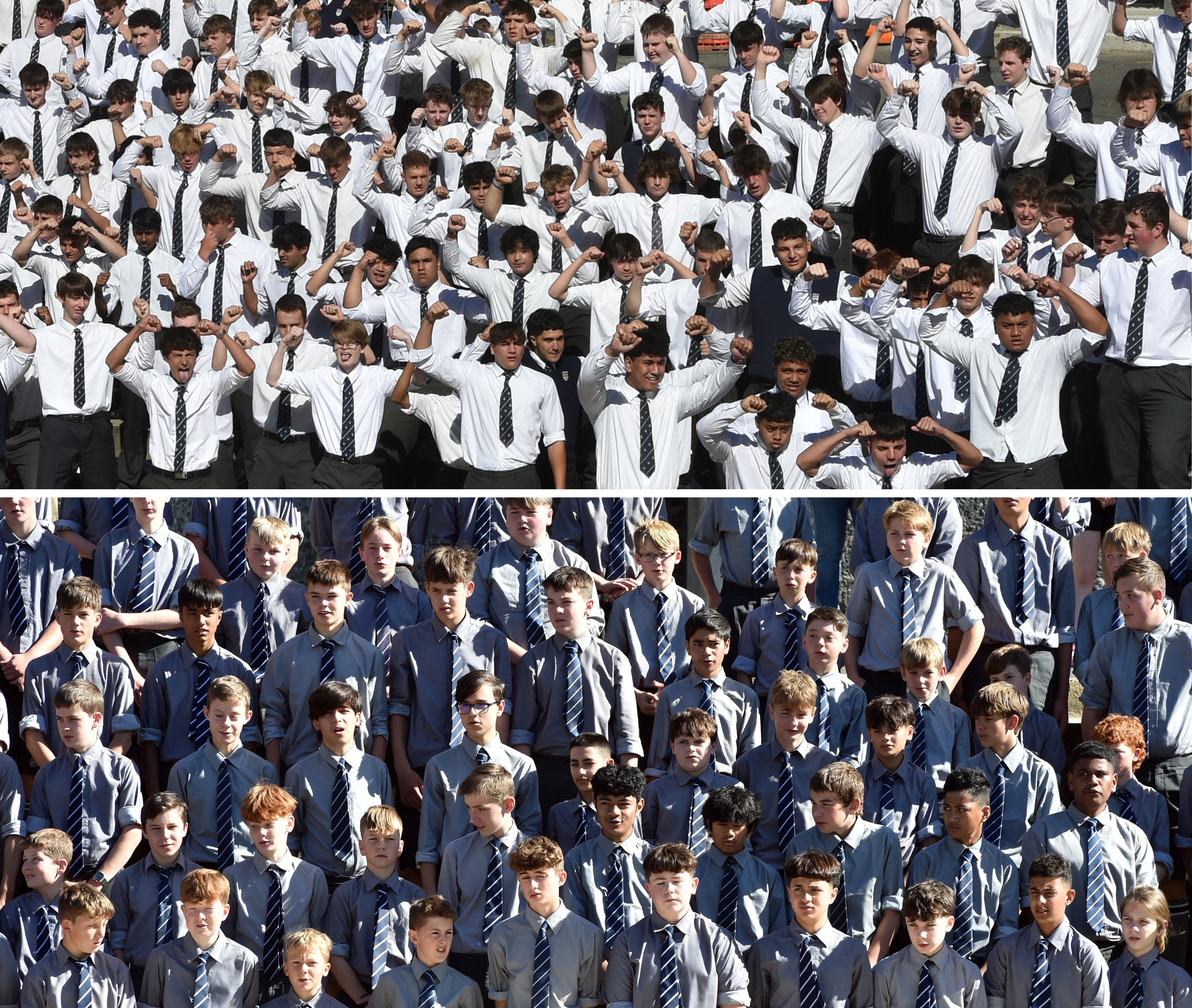 Otago Boys’ High School senior pupils perform a haka for the year-9 pupils’ first day of school....