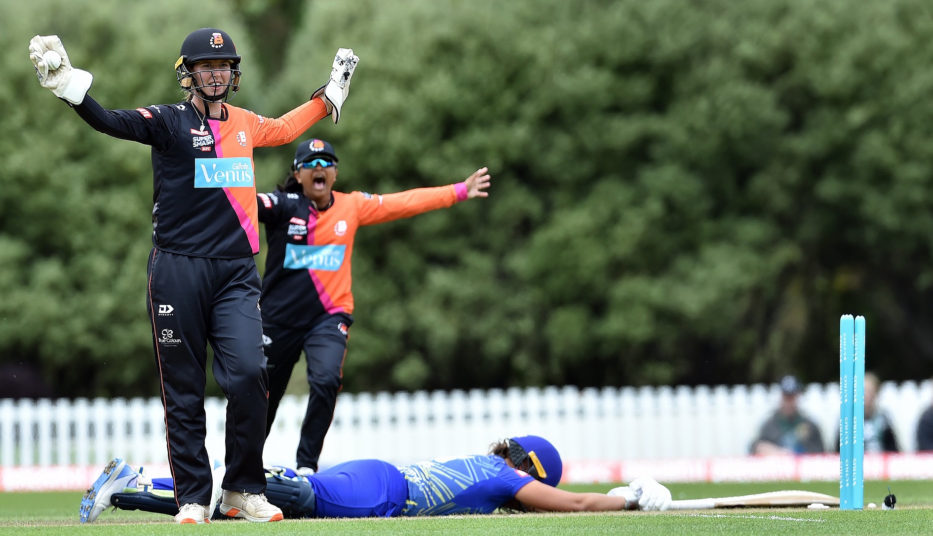 Northern Brave wicketkeeper Holly Topp (left) and her team-mate, Chamari Athapaththu, celebrate...