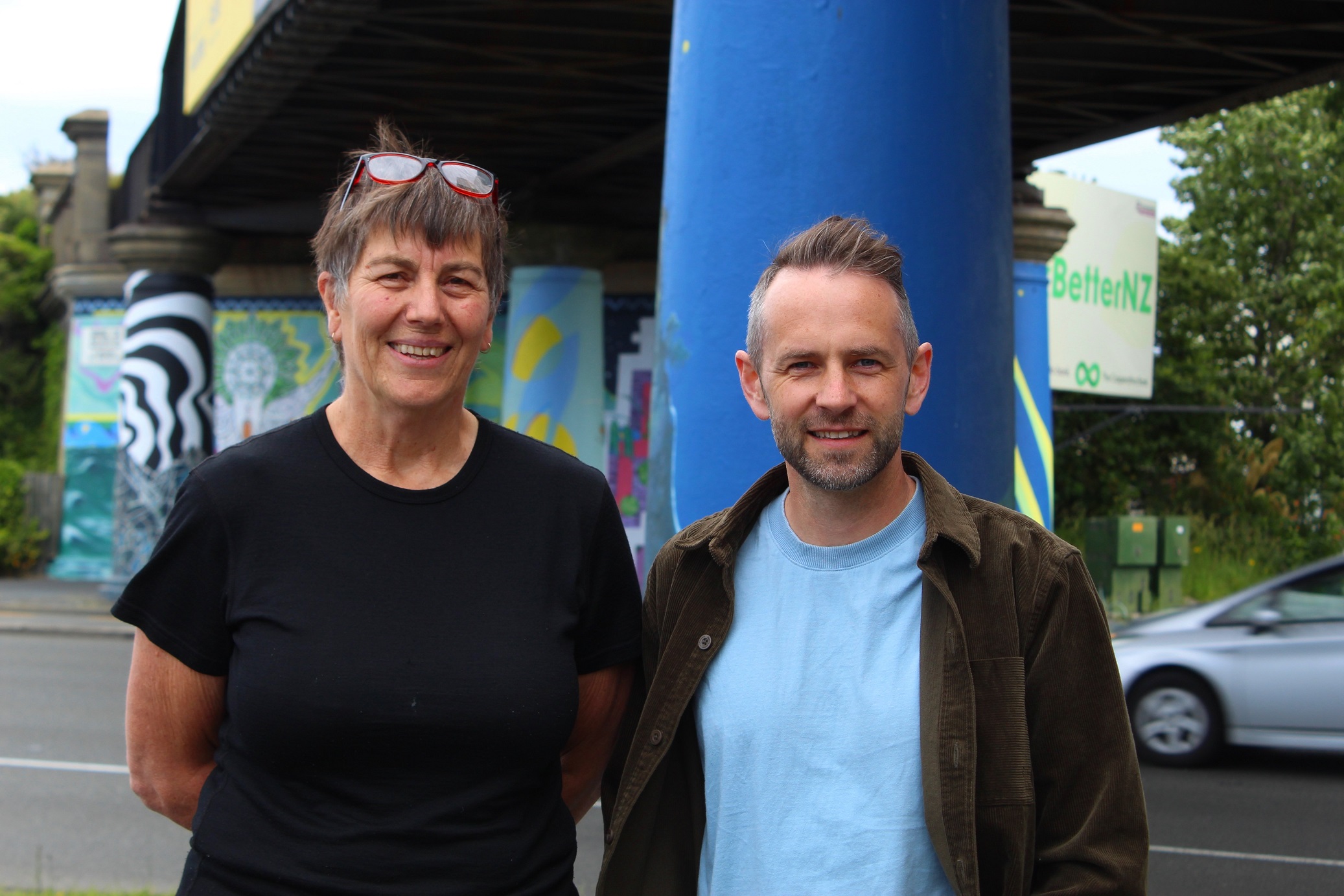 Bringing colour to concrete are South Dunedin Street Art Trail members Rachel Elder and Hayden...