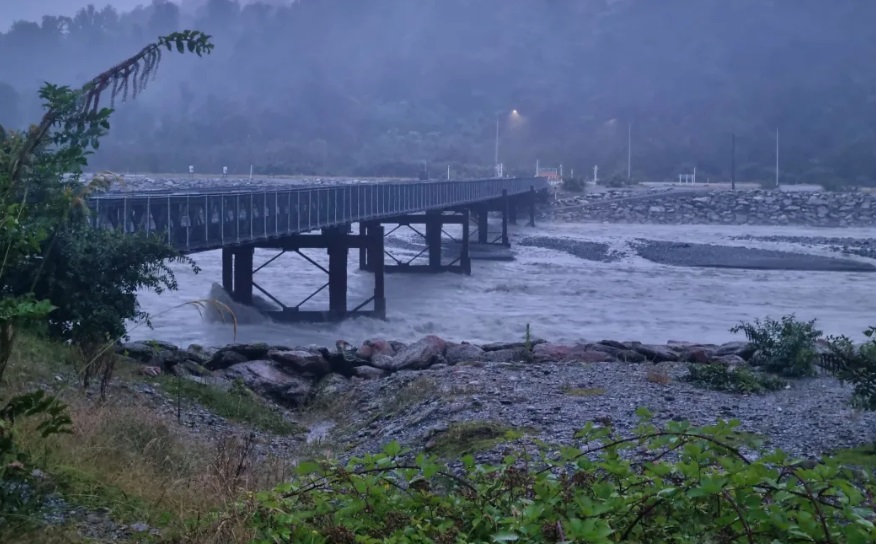 The Waiho River near Franz Josef was murky and flowing swiftly on Friday. Photo: RNZ