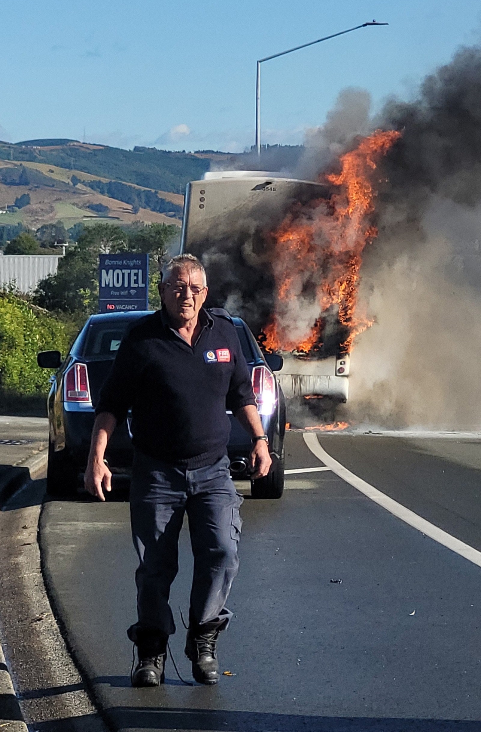 Bluff Volunteer Fire Brigade Senior Station Officer Scott Allan helped put out a bus fire in...