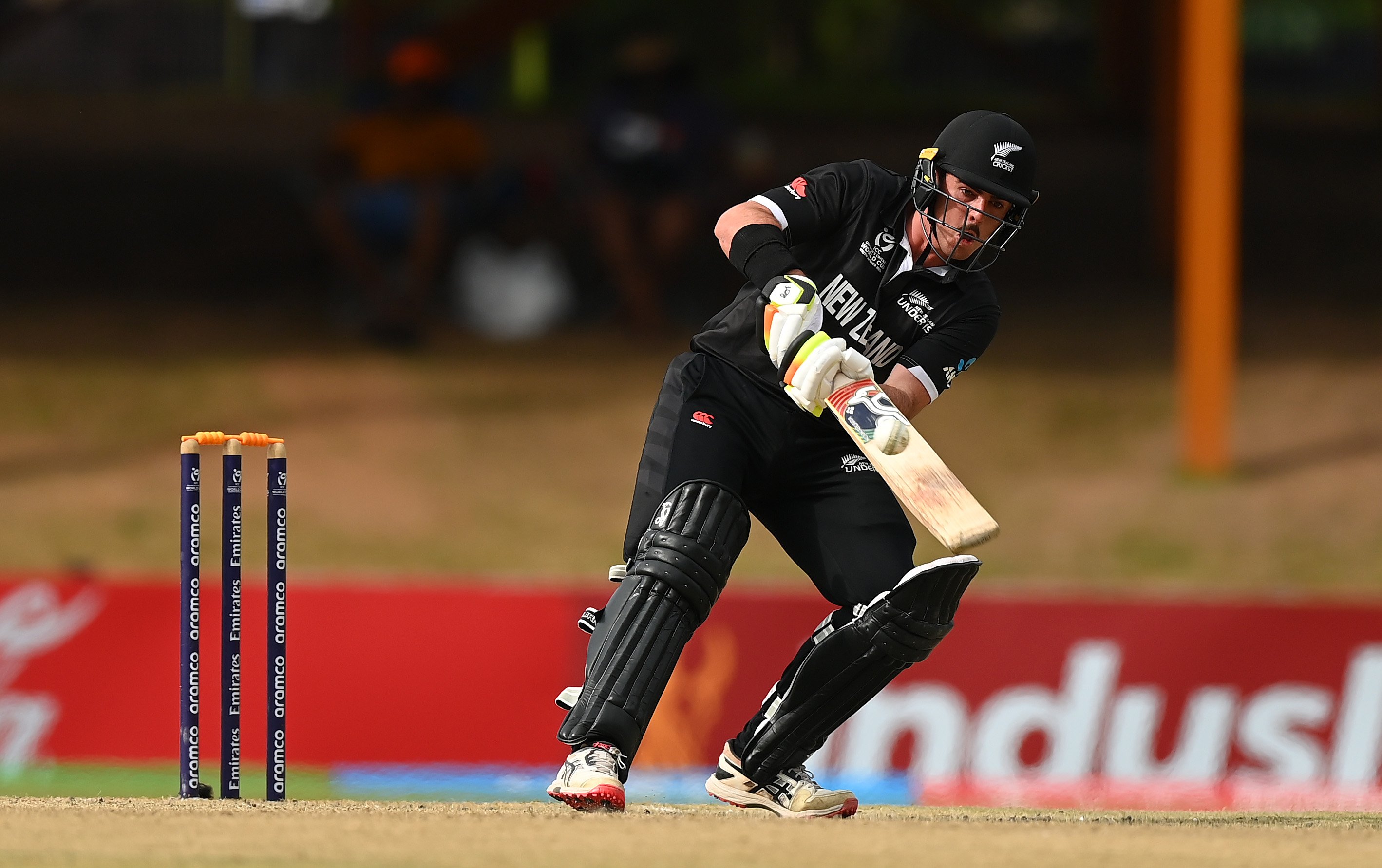 New Zealand batter Lachlan Stackpole tries to lift the run rate during the loss to Ireland at the...