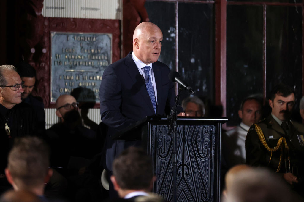 Prime Minister Christopher Luxon delivers his Waitangi Day speech at Te Whare Rūnanga. Photo: Getty 